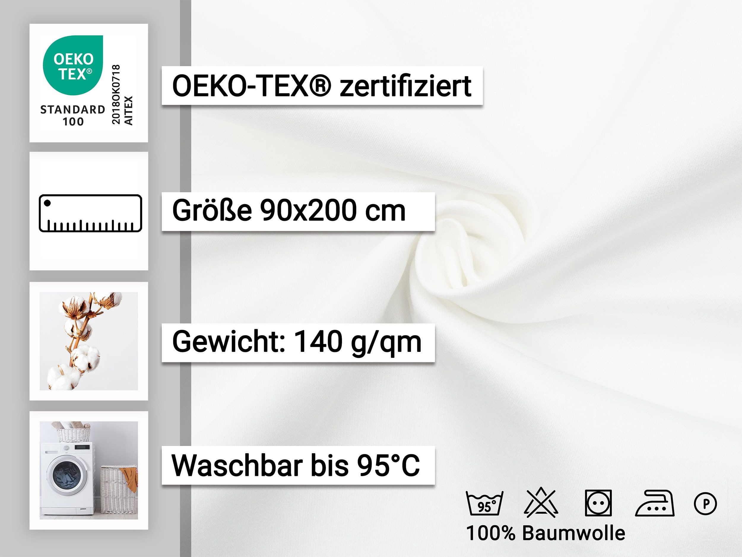 ZOLLNER Spannbettlaken, Satin, Gummizug: an den Ecken, 90 x 200 cm, 100% Baumwolle