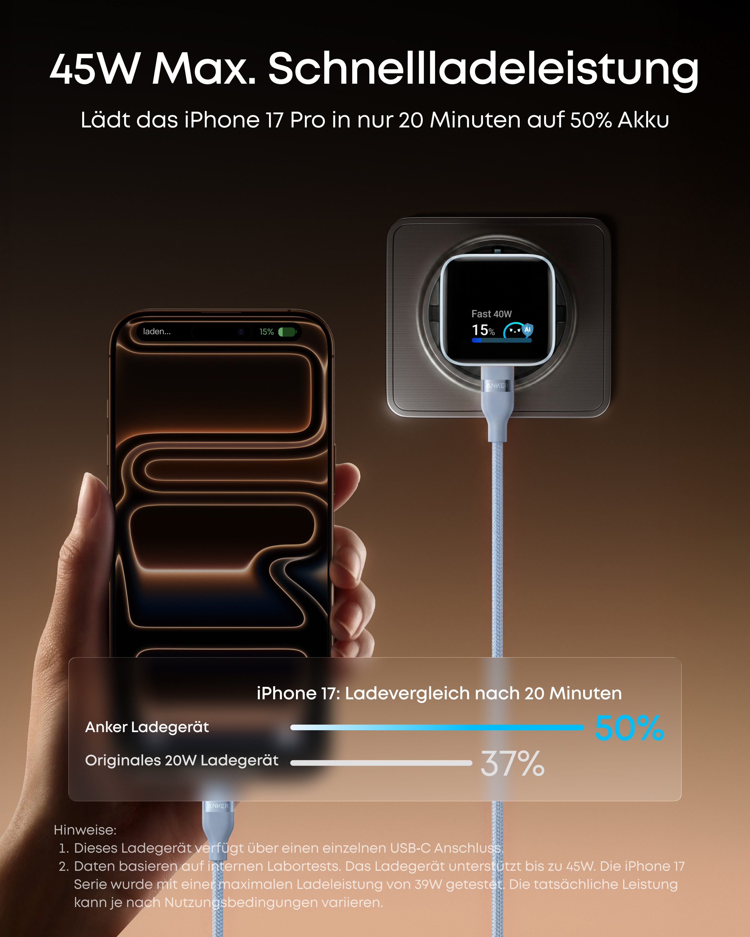 Anker Anker Nano 45W USB C Ladegerät mit Smart Display für iPhone Schnelllade-Gerät (GaN Ladegerät für iPhone 17/16/15 Serie)