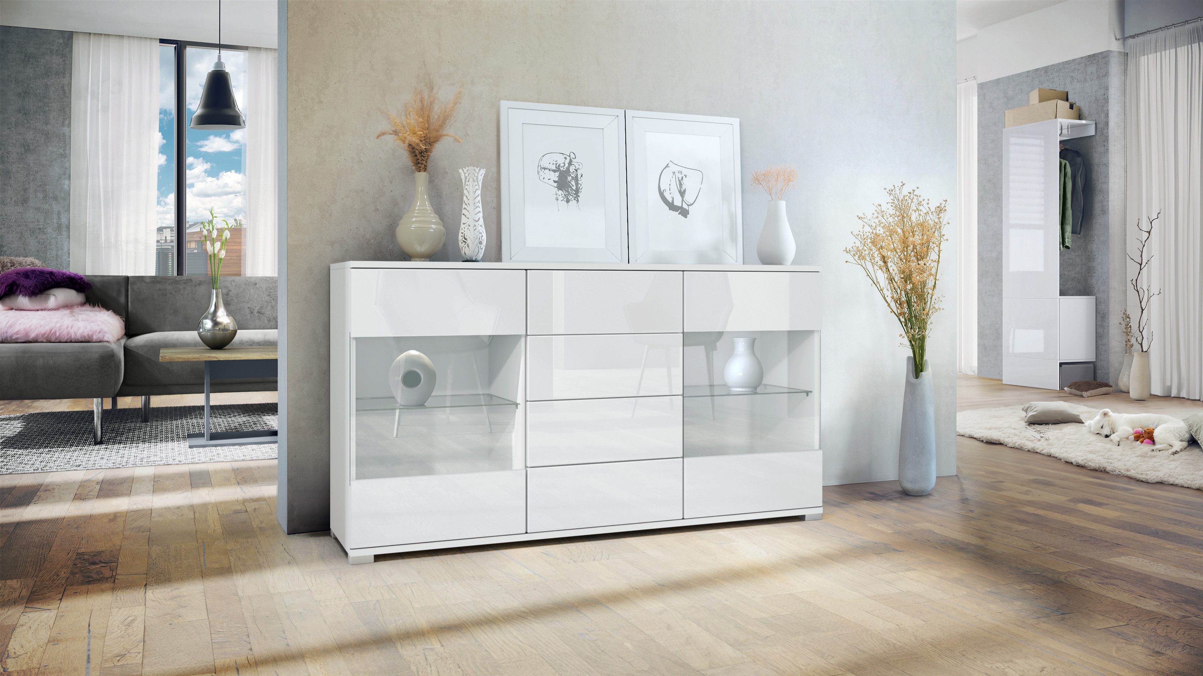 Vladon Sideboard Bari V1 (Kommode mit 2 Türen, 4 Schubladen und 2 flexible Glaseinlegeböden), Weiß matt/Weiß Hochglanz (138,5 x 75,5 x 35)