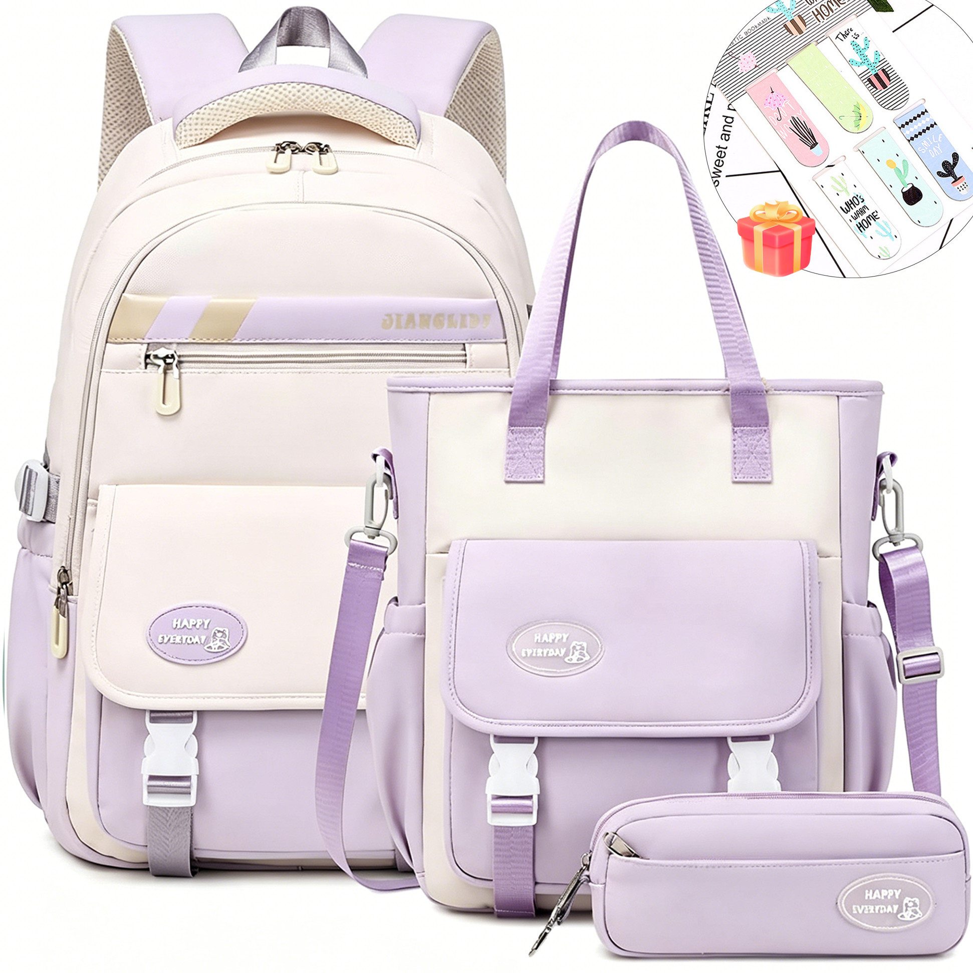 MOPUEA Schulrucksack 3-teiliges Schulrucksack-Set Turnbeutel Mit 6 magnetischen Lesezeichen (Multi-Tasche Schulranzen Rucksack Daypacks Schultaschen-Set Teenager, 3-tlg), mit Lunchbox, Federmäppchen und süßem Anhänger, 3-teilig