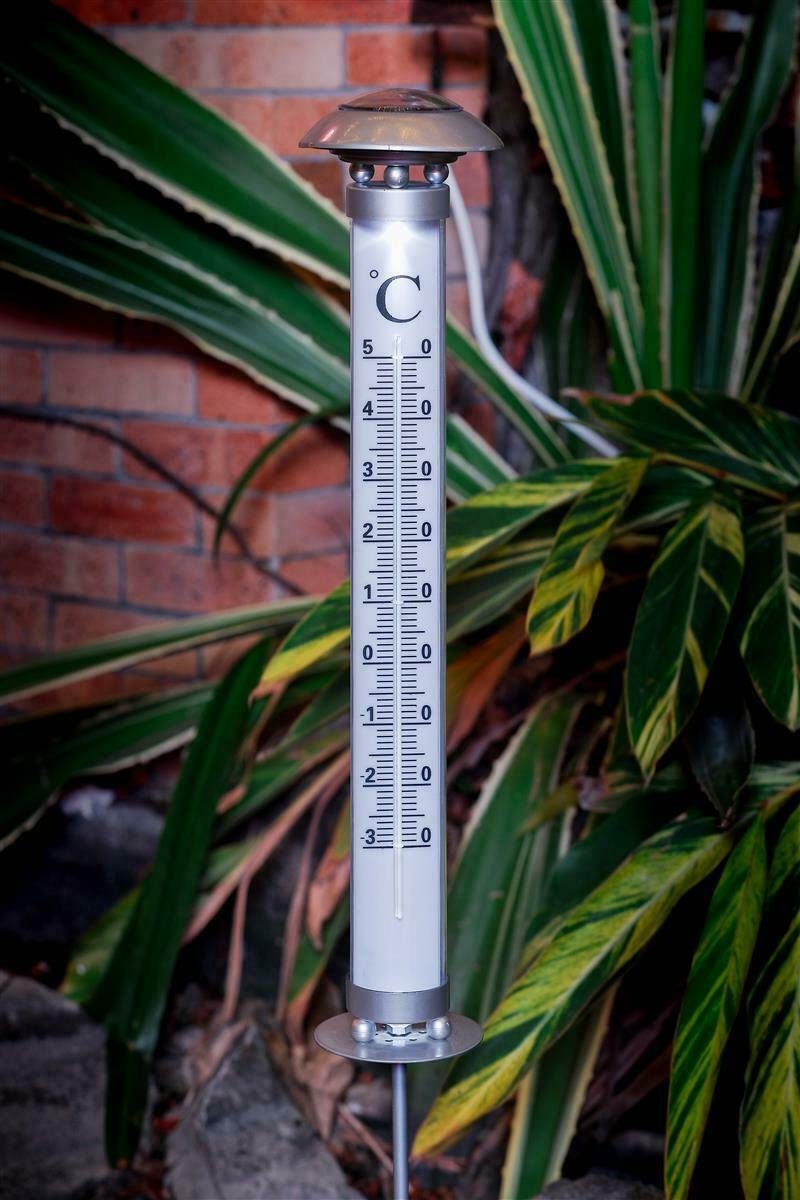 kamelshopping Gartenthermometer XXL Solar LED Außenthermometer mit Beleuchtung, Einschaltautomatik, kabellos, solarbetrieb, inkl Erdspieß