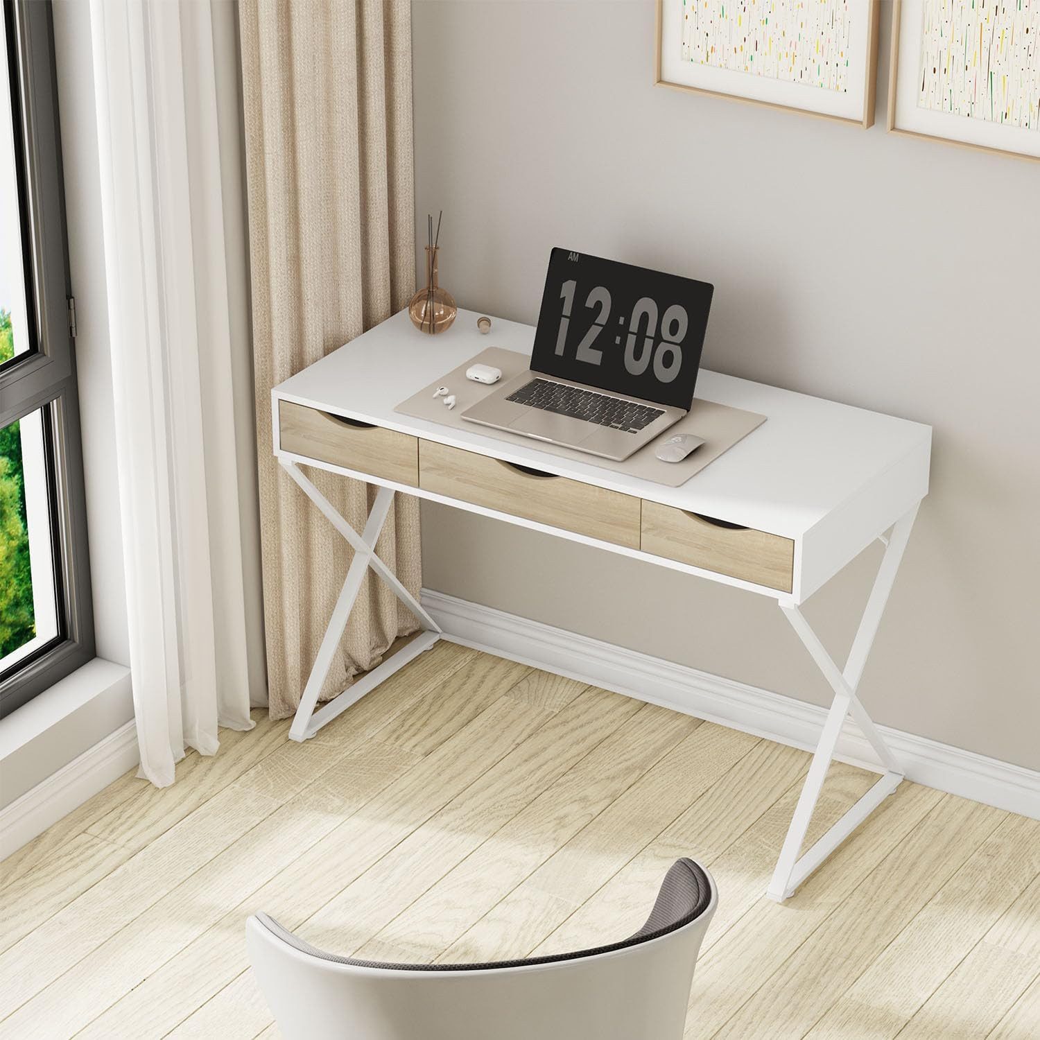 Woltu Schreibtisch, in Melamin, mit 3 Schubladen, Gestell aus Stahl Holz We günstig online kaufen