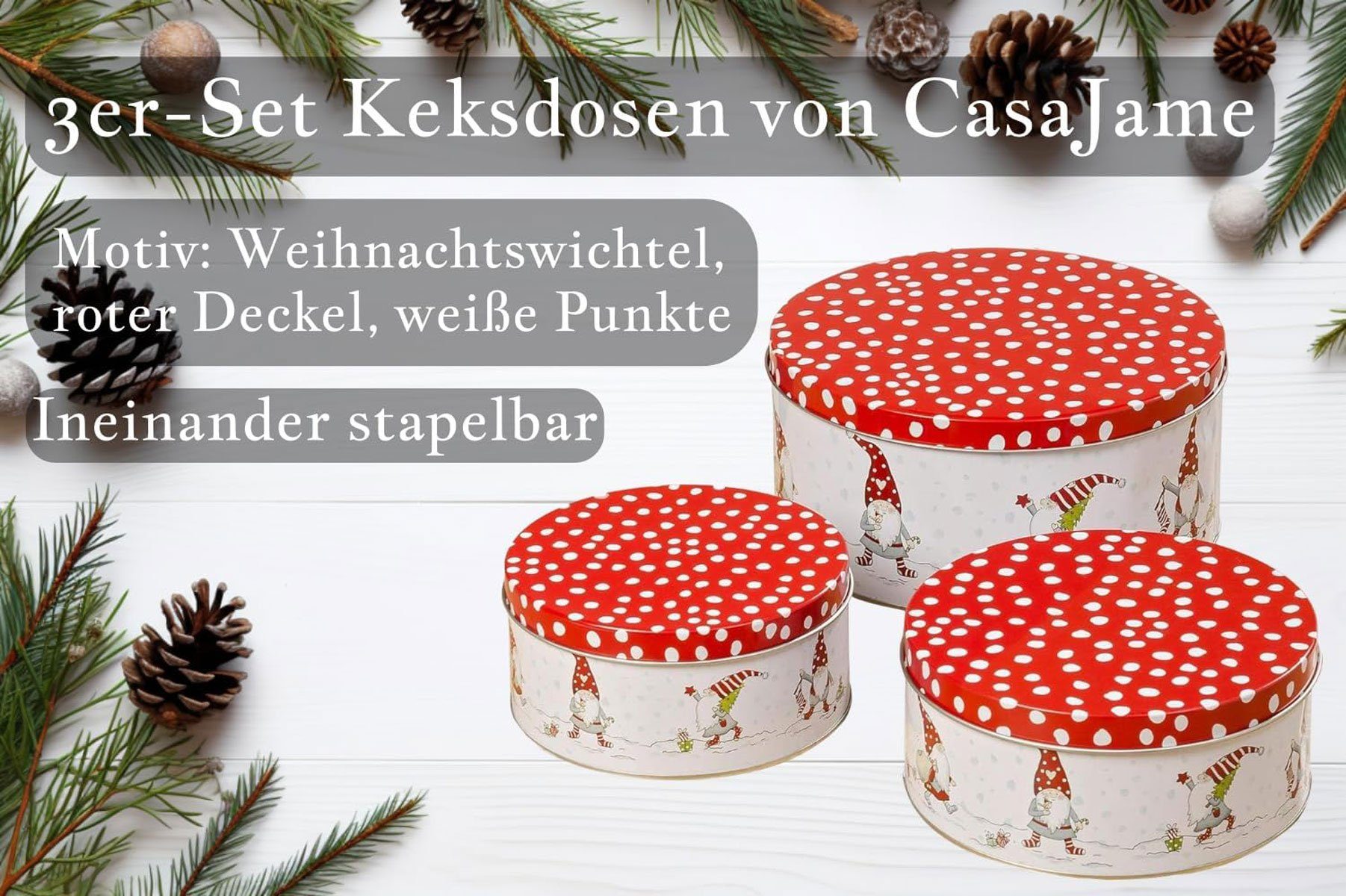 3er Keksdose Weihnachten Set Keksdose Plätzchendose GmbH BOLTZE Wichtel CasaJame GRUPPE rot V14