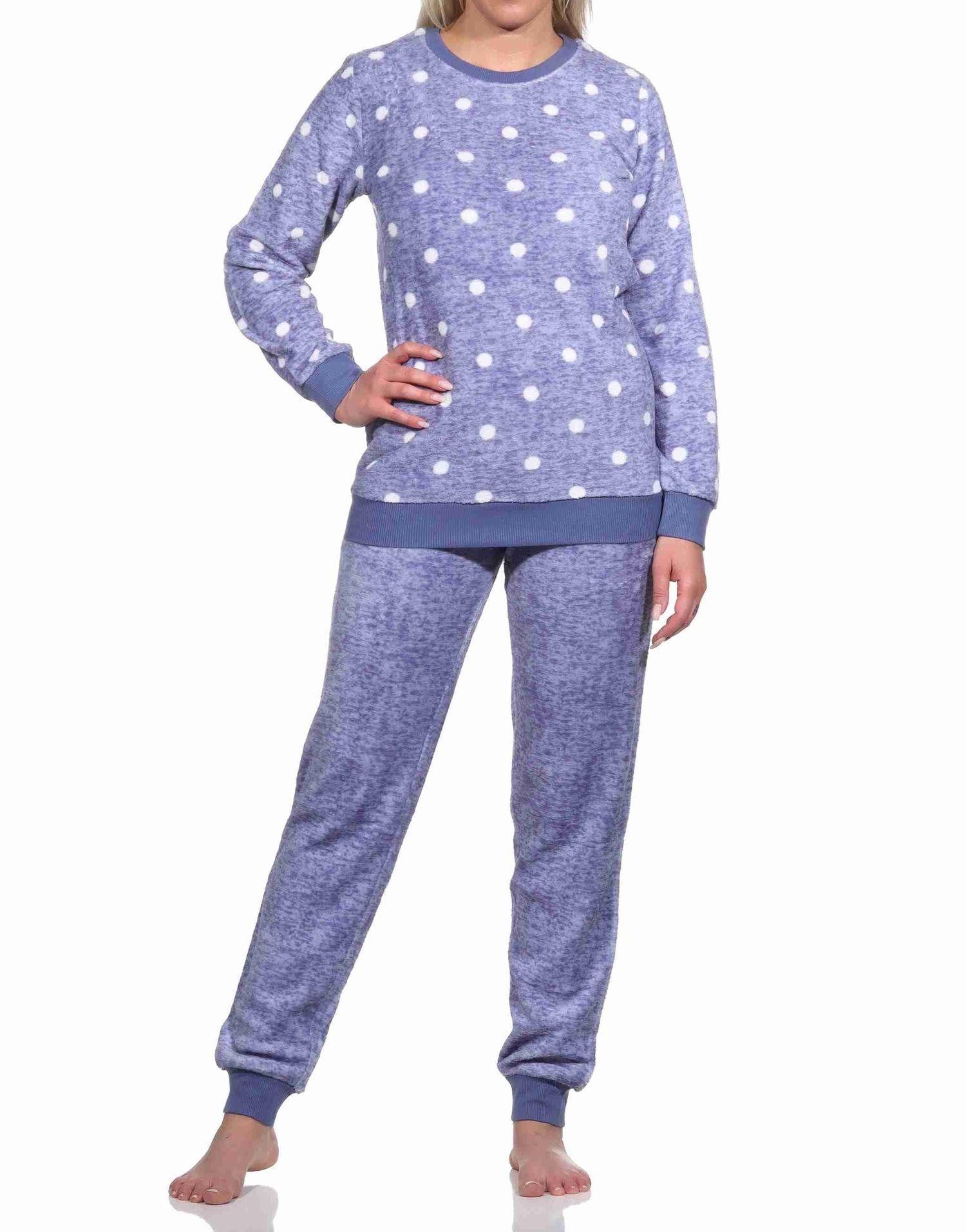 Normann Pyjama Kuschelig warmer Damen langarm Schlafanzug mit Bündchen Tupfen Optik