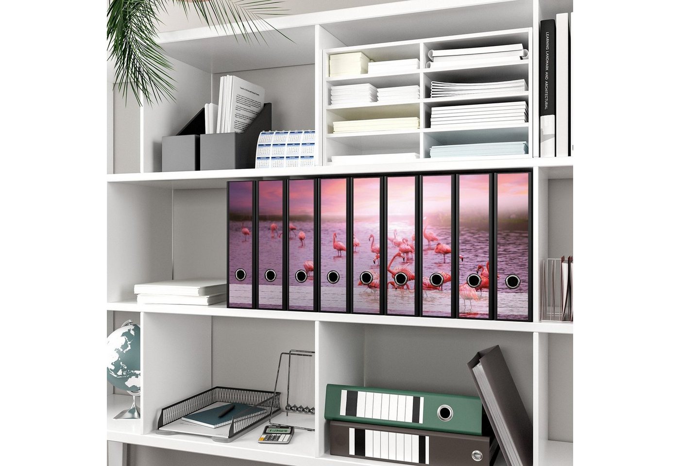 Thumbnail - Wallario Etiketten Rosa Flamingos bei Sonnenuntergang, Ordnerrücken-Sticker in verschiedenen Ausführungen