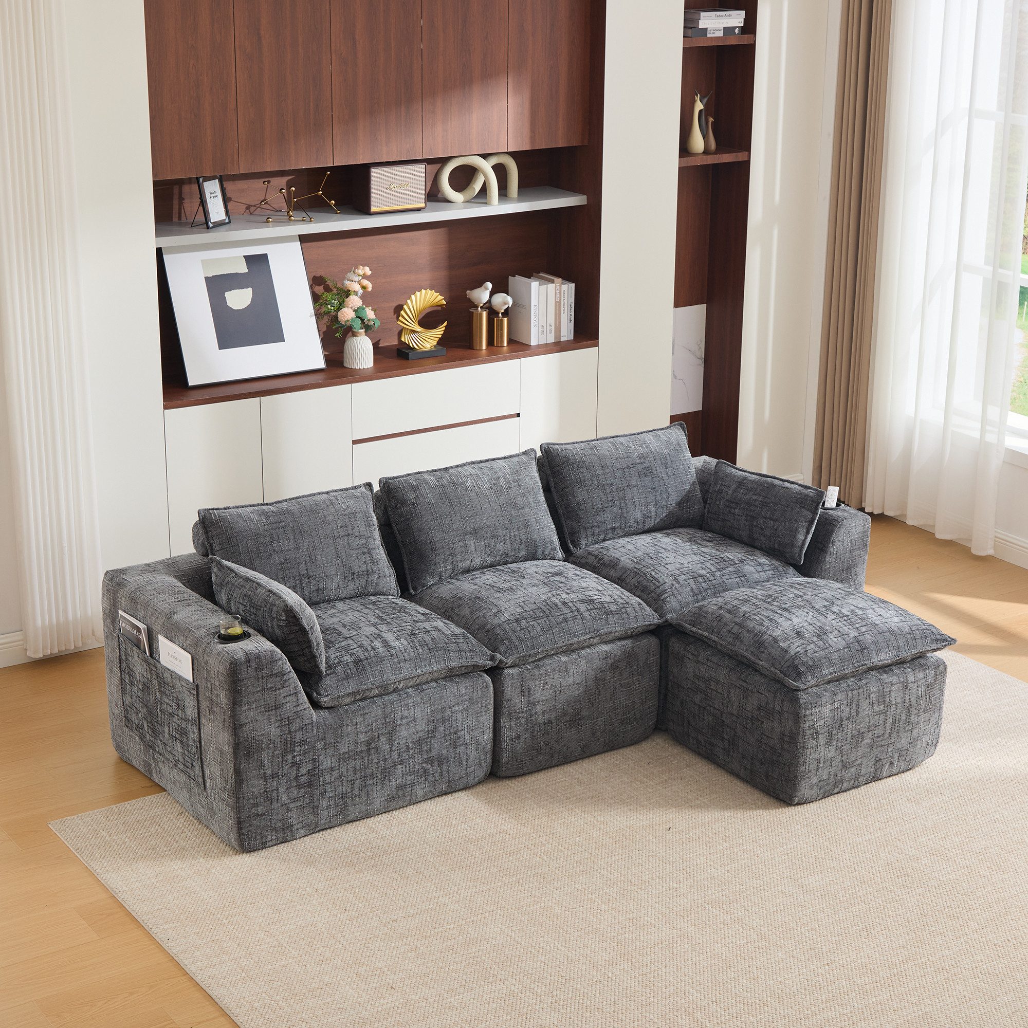 BlingBin Wohnlandschaft Modulares 3-Sitzer Sofa, 1 Teile, mit Fußhocker, Kissen, Getränkehalter und 2 Seitentaschen