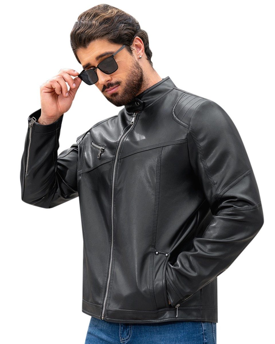 Allthemen Lederjacke Herren Bikerjacke mit Stehkragen