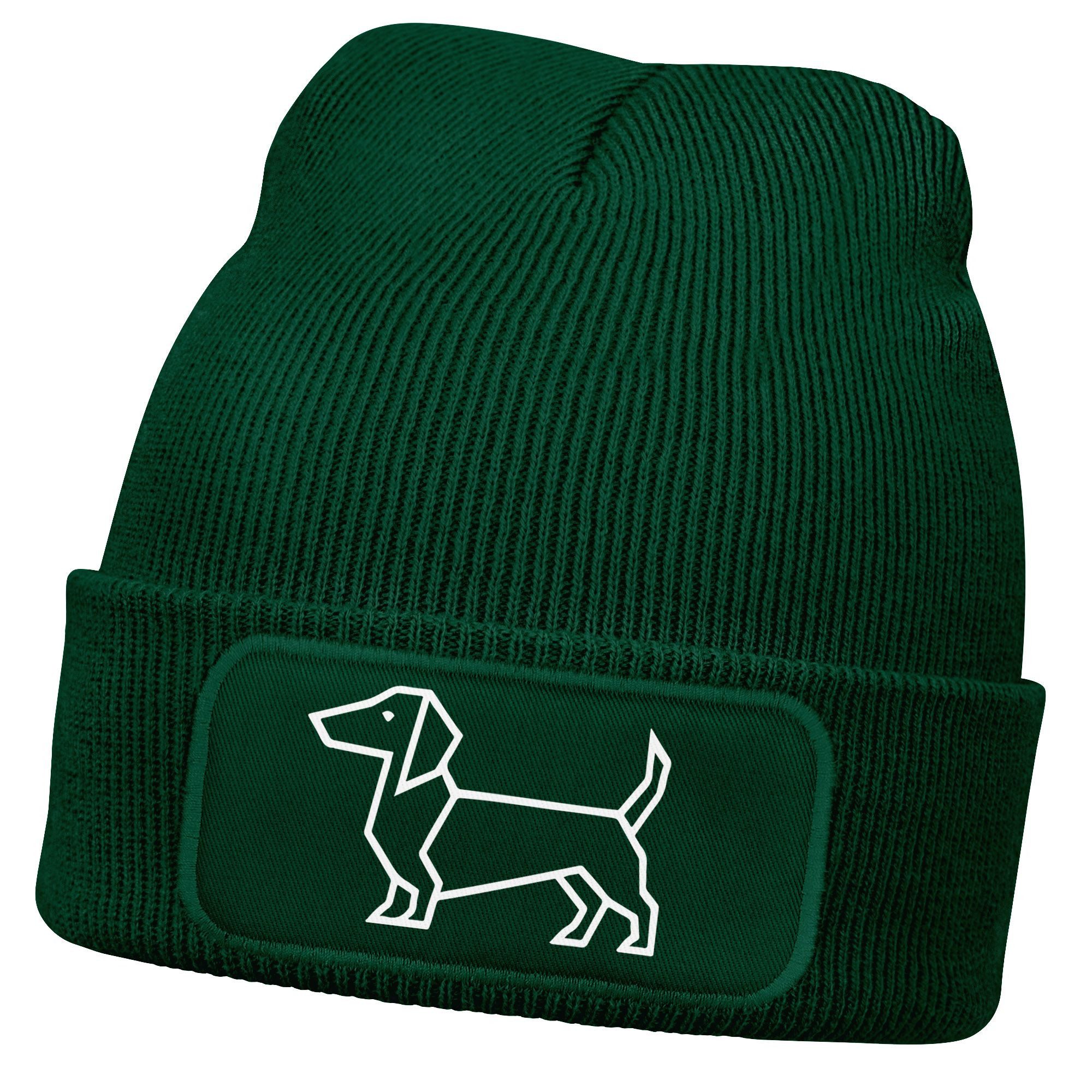 Strickmütze Damen Beanie mit Patch Strickmütze Aufdruck Dackel Polygon Hund