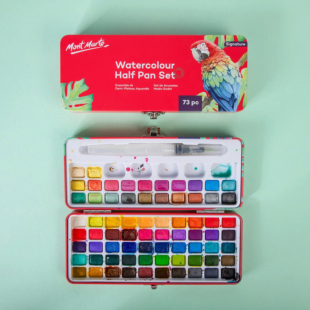 Mont Marte Aquarellfarbe Set 72 Farben – 50 + 22 Metallic, tragbares Set mit Wassertankpinsel, Kompakt, vielseitig & ideal für Reisen, Hobby & Kunstprojekte