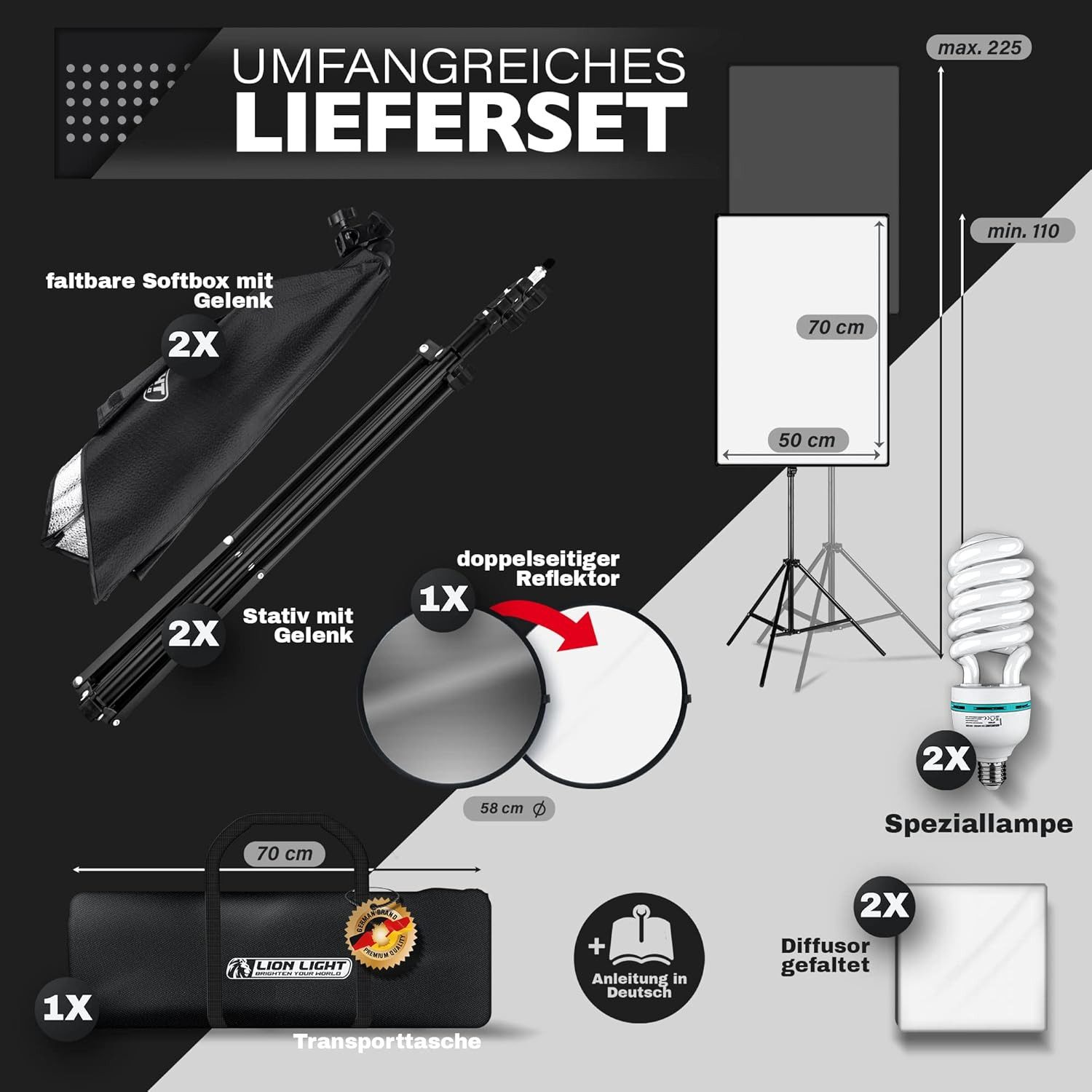 Lion Light Lion Light Softbox Set 2x 50x70 cm 2x E27 85W 5500K Licht Studio-Stativ-Blitz, (Profi Studiolicht inkl. Stative & Reflektoren energiesparend)