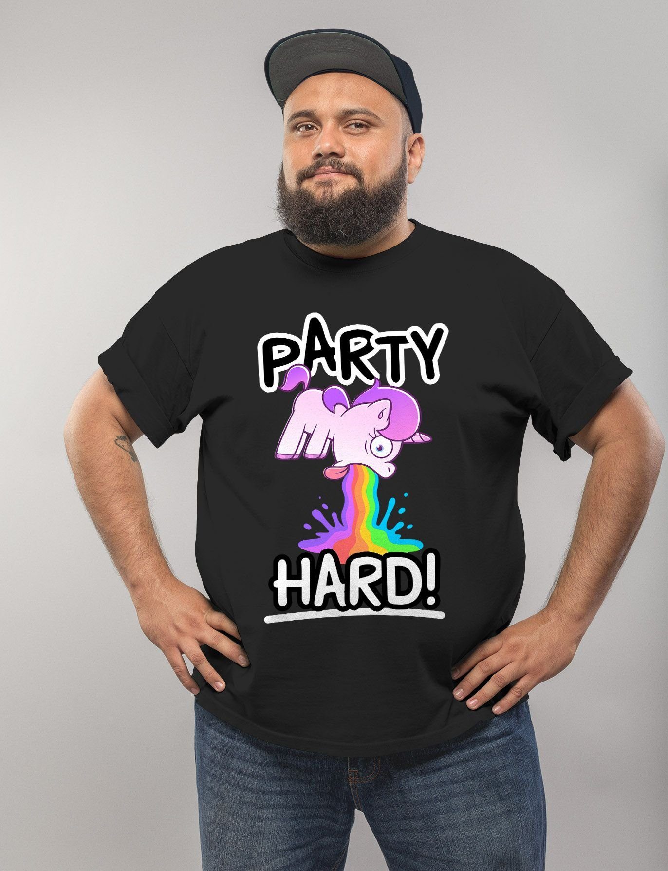 Hard Einhorn Spruch mit lustig T-Shirt Moonworks® Saufshirt kotzendes Comic-Stil Print-Shirt MoonWorks Herren Print Party Fun-Shirt