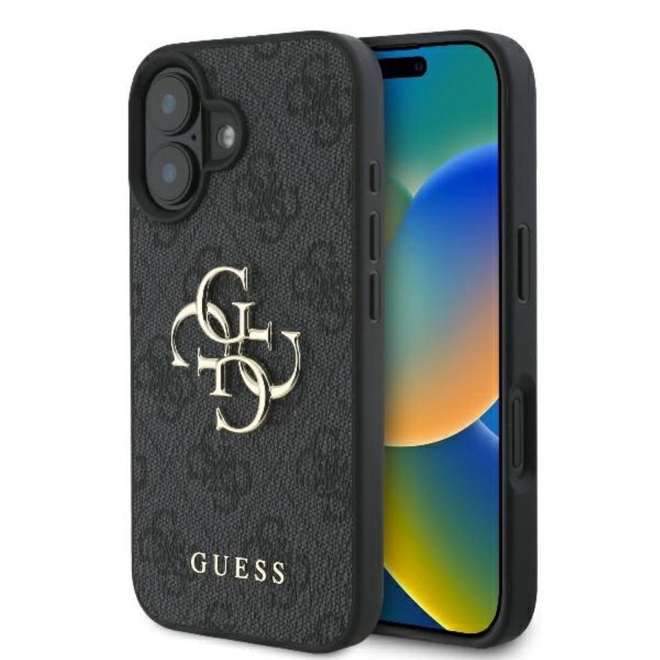 Guess Handyhülle iPhone 16 Kunstleder grau Big Logo goldfarbig