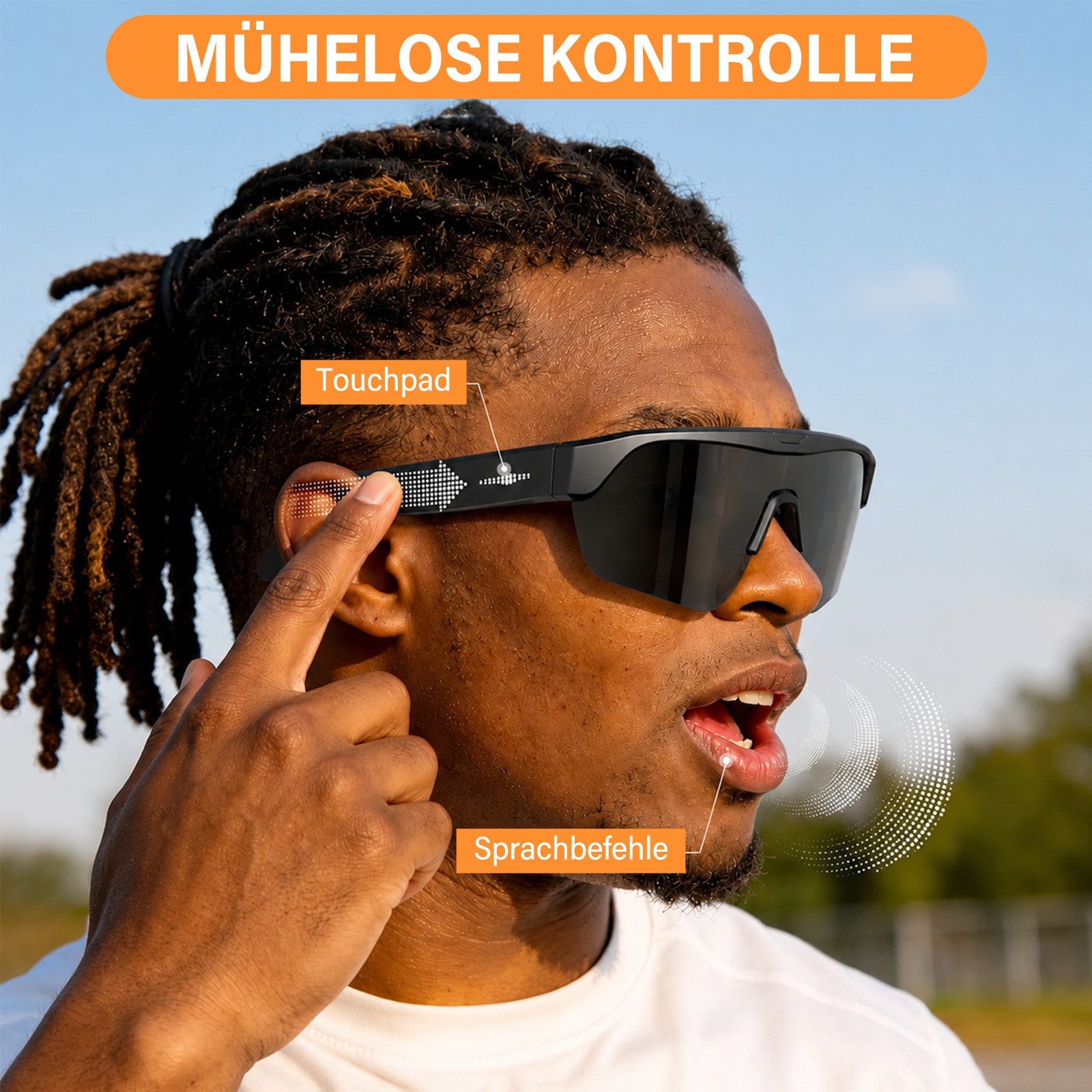 MOPUEA Sonnenbrille Bluetooth Sportbrille Fahrradbrille Open-Ear Audio Freisprechfunktion (Bluetooth Sportbrille mit Freisprechfunktion, Kabellose Sportbrille mit Bluetooth 5.3 und UV-Schutz) Freihändiges Telefonieren und Musik beim Sport