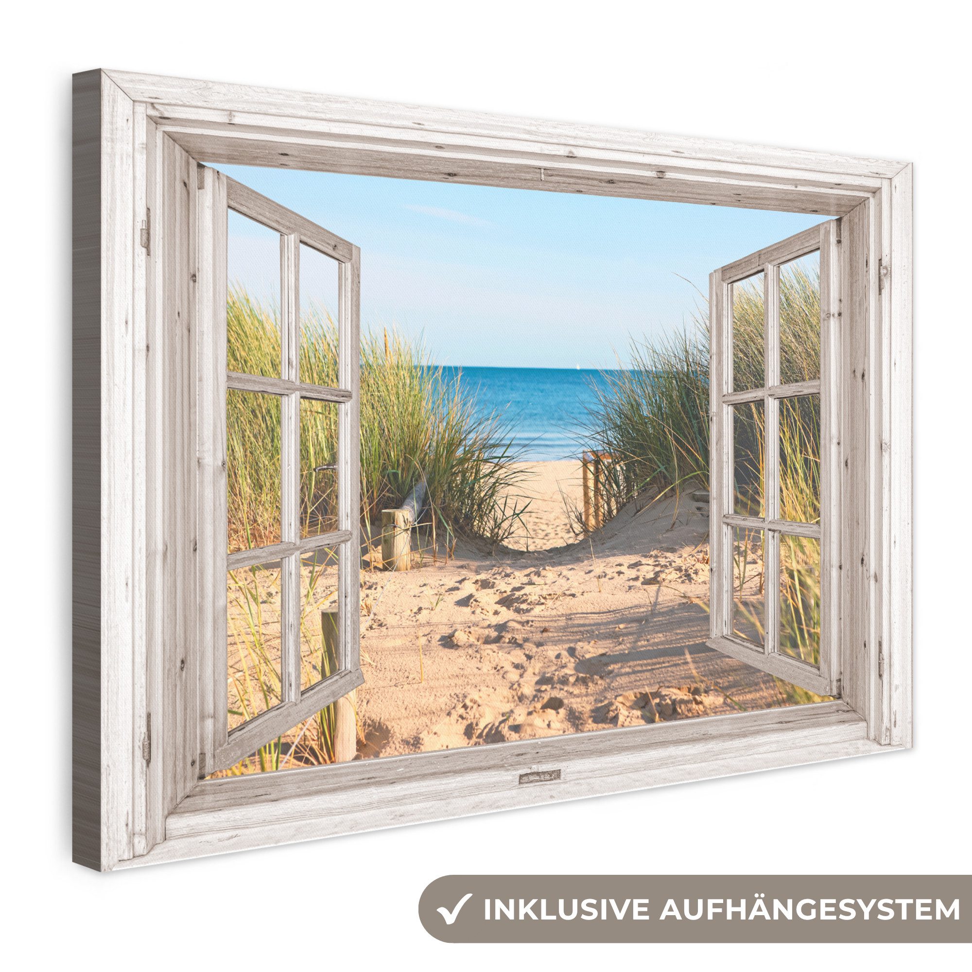 OneMillionCanvasses® Leinwandbild Durchblick - Strand - Meer - Dünen - Sand - Wasser - Hochgras, Fotodruck (1 St), Leinwand Bilder Klein, Wand Dekoration Aesthetic 30x20 cm