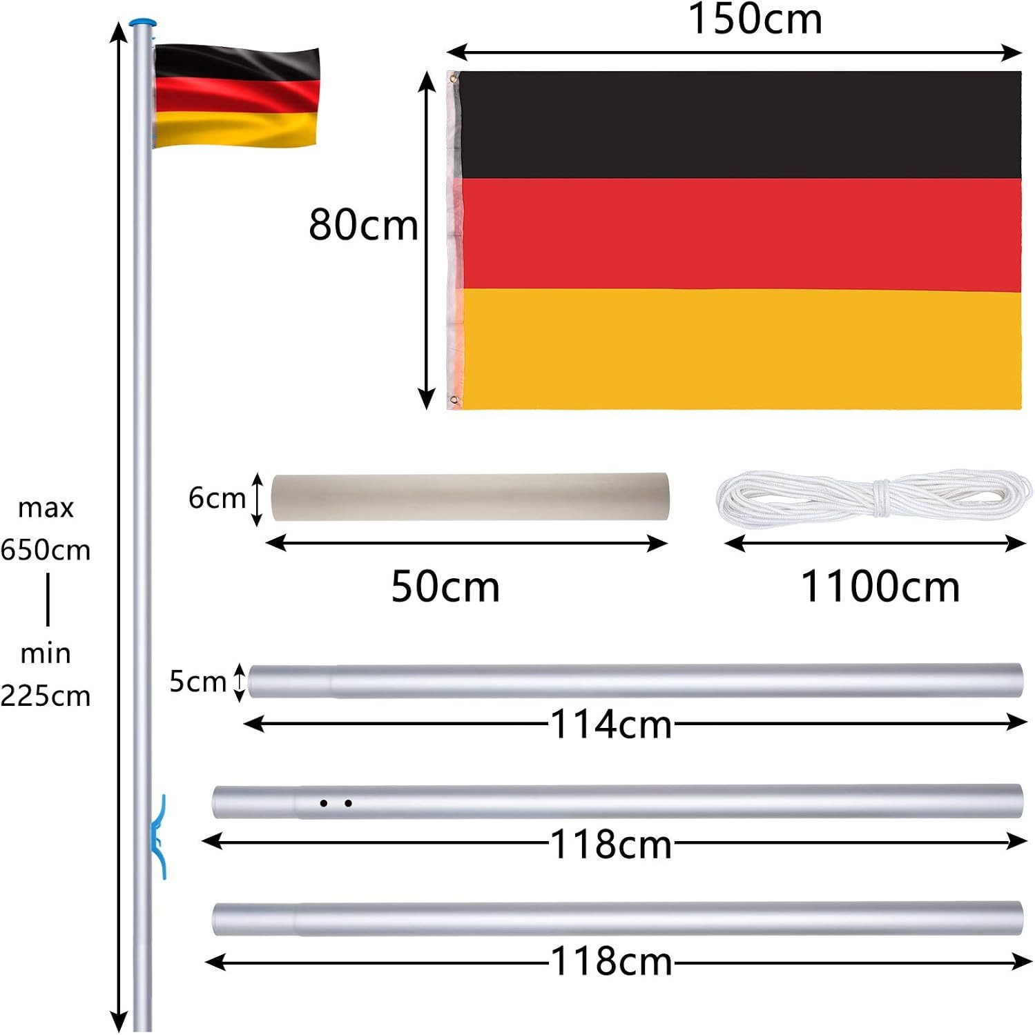 FIVMEN Fahnenmast Aluminium Fahnenmast 6,5m Stabil Bodenhülse 50cm, Deutschlandfahne Teleskop Flaggenmast