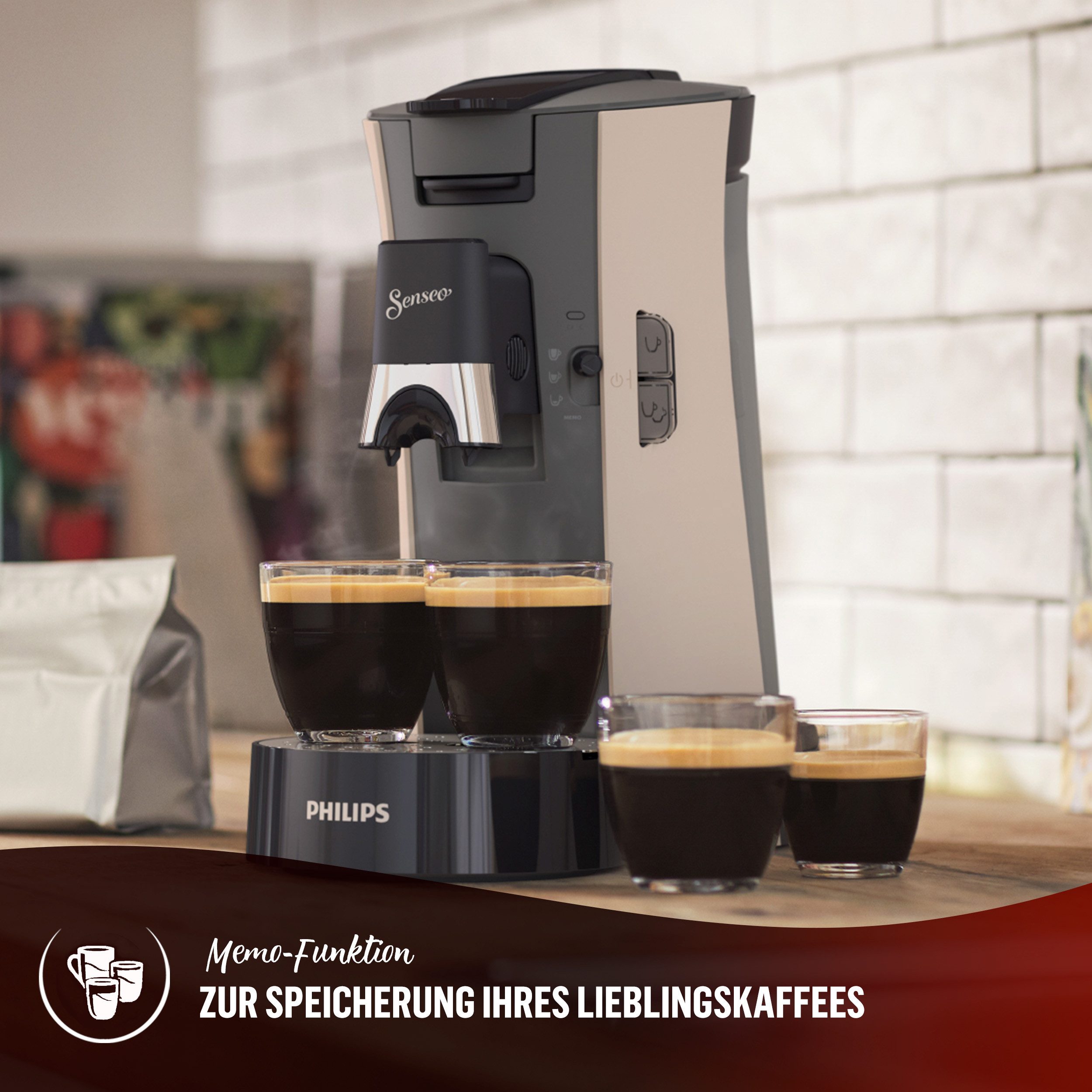 Philips Senseo Kaffeepadmaschine Select CSA240/90, mit drei Kaffee-Einstellungen, aus 21% rec. Plastik, Memo-Funktion
