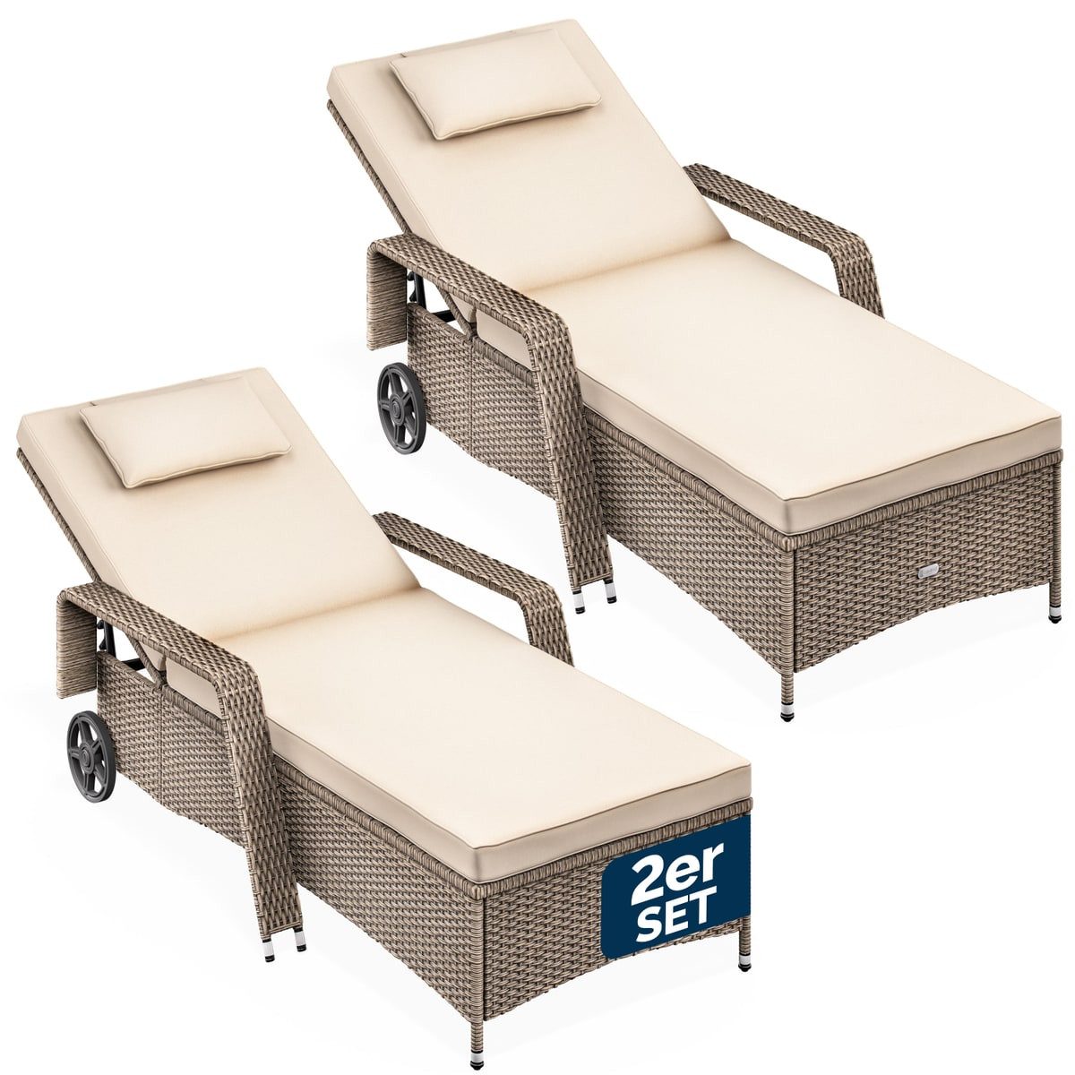Casaria Gartenliege, 2x Sonnenliege 165kg Belastbar inkl. 7cm Auflage Rollen Polyrattan