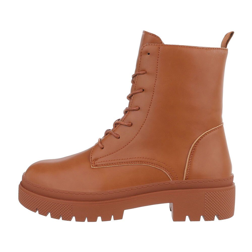 Ital-Design Damen Schnürschuhe Freizeit Schnürstiefelette Blockabsatz Plateaustiefeletten in Camel