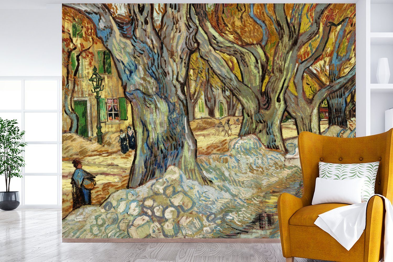 bedruckt, großen St), für Gogh, Die Tapete Platanen Wohnzimmer, Wandtapete (5 Vinyl Fototapete Vincent van Montagefertig Matt, - MuchoWow