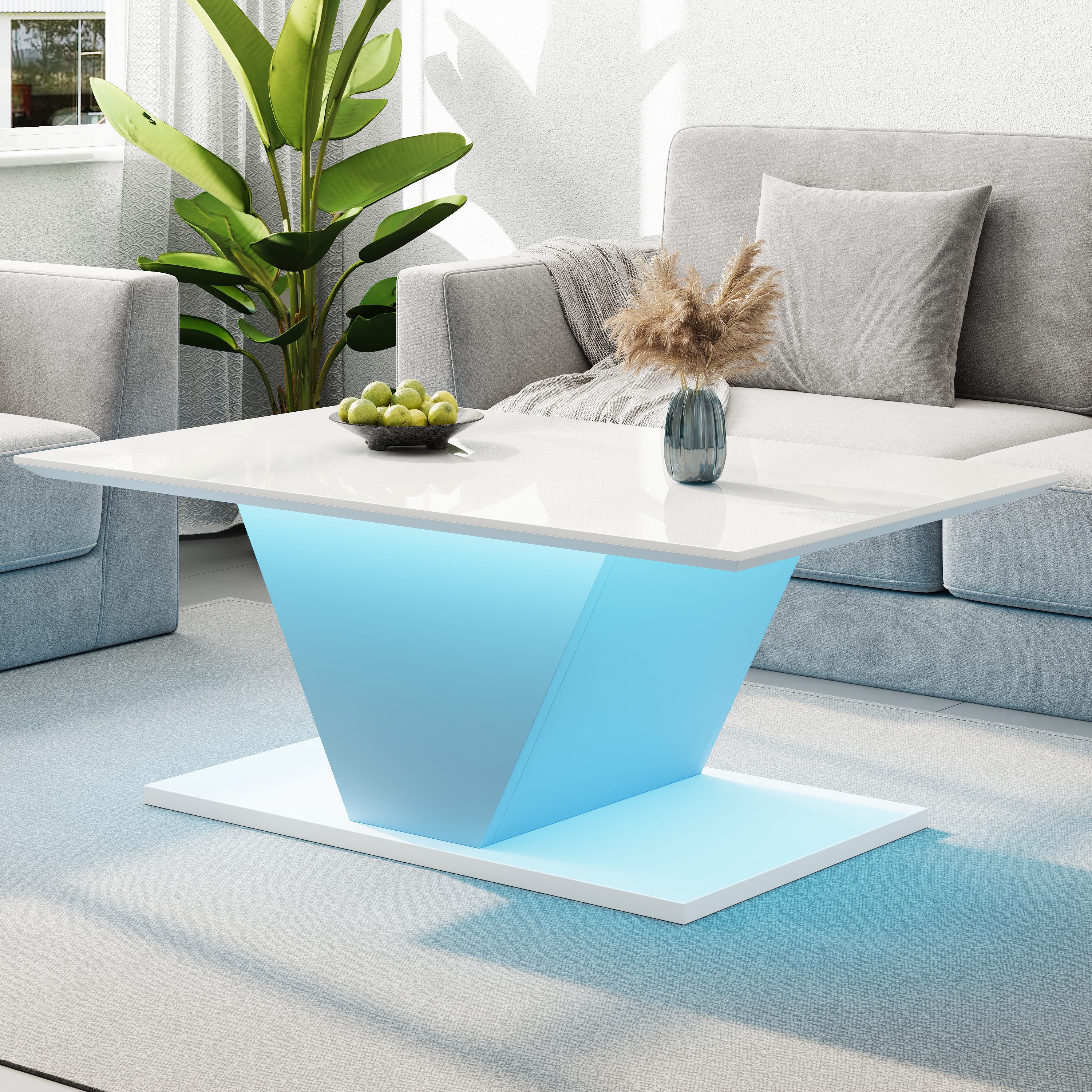 REDOM Couchtisch Hochglanzoberfläche, V-Design (Wohnzimmertisch, Beistelltisch, 1-St., 100*50*46cm), hochglänzende Kaffeetish mit LED-Leuchten