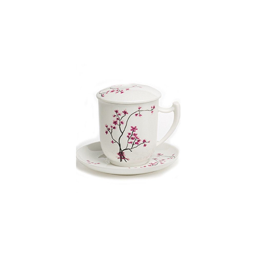 TeaLogic Tasse TeaLogic Teetasse Cherry Blossom mit Filter und Untertasse, Porzellan, 4-teilig