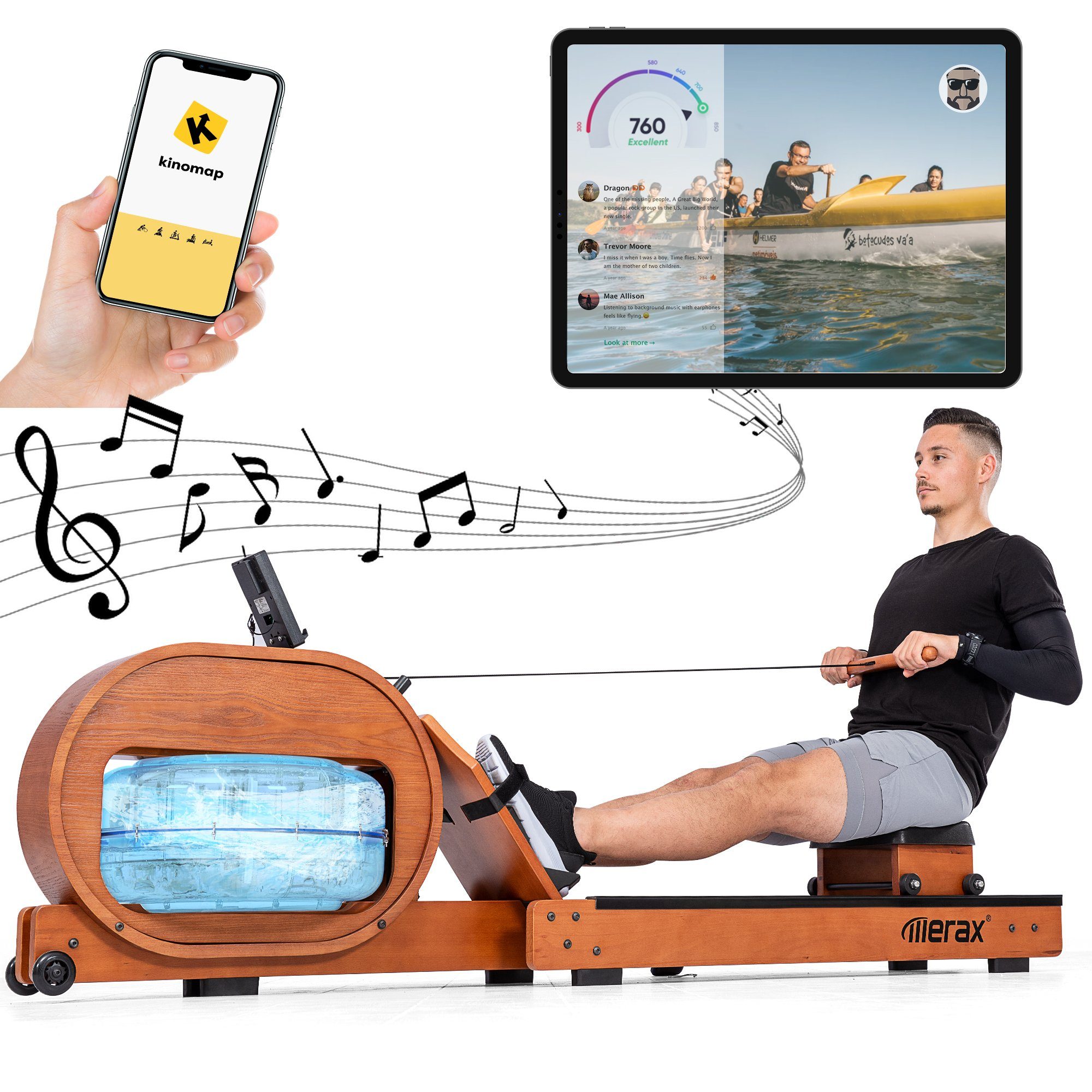 Merax Rudergerät, Wasser-Rudergerät mit LCD-Display, APP, Bluetooth, aus Holz