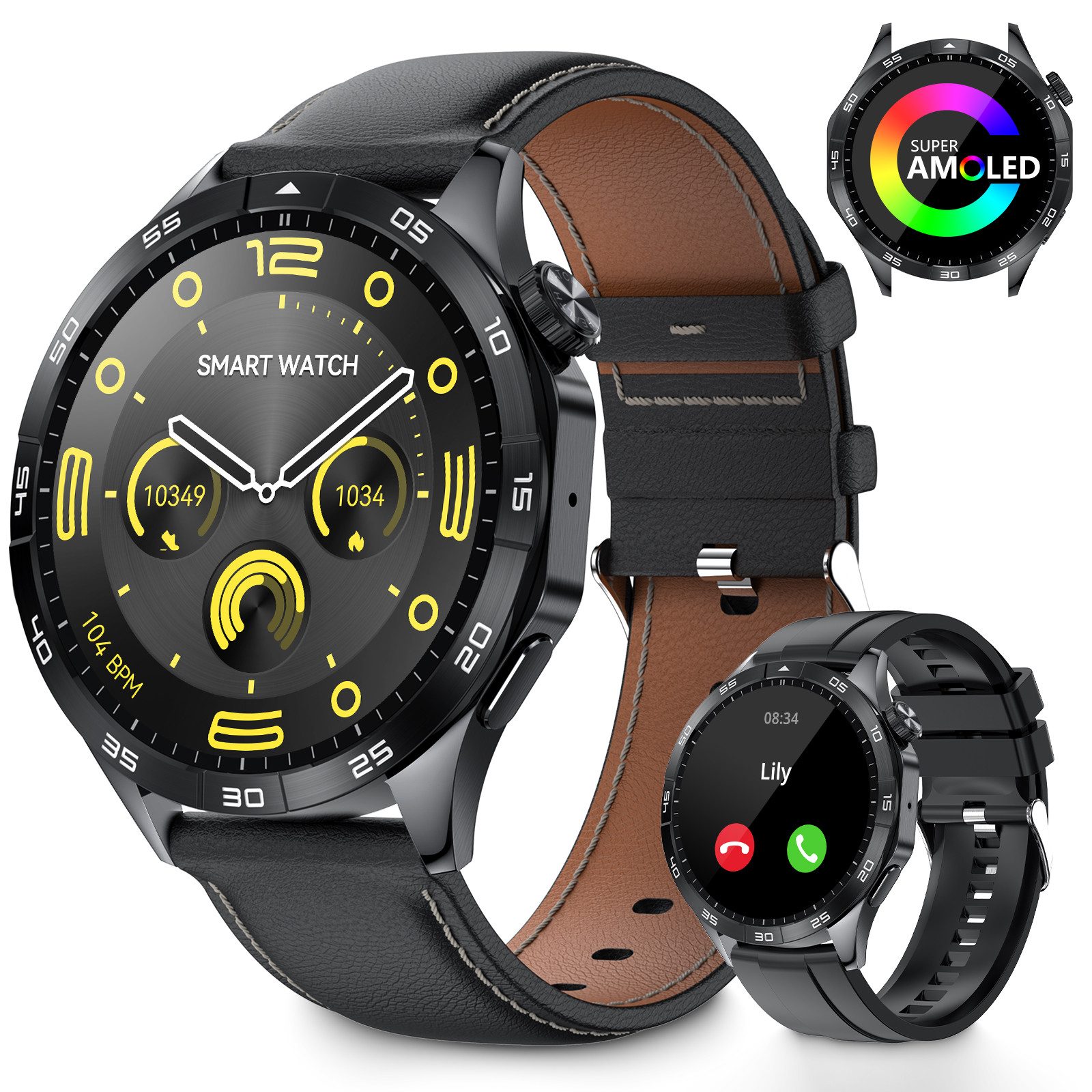 Yuede AMOLED Smartwatch, Fitness Uhr mit Anruffunktion für Damen und Herren Smartwatch (Rundes 1,43-Zoll-UHD-Full-Touch-AMOLED Farbdisplay Zoll) Gesundheits-Smartwatches mit Blutsauerstoff, Blutdruckmessung, Herzfrequenz, Schlafqualität, Schrittzähler, AI Voice, Musiksteuerung etc., Sportuhr mit Wechselband Silikon und Lederband Uhrenarmbänder, BT 5.3, IP67 Wasserdicht, für Android IOS