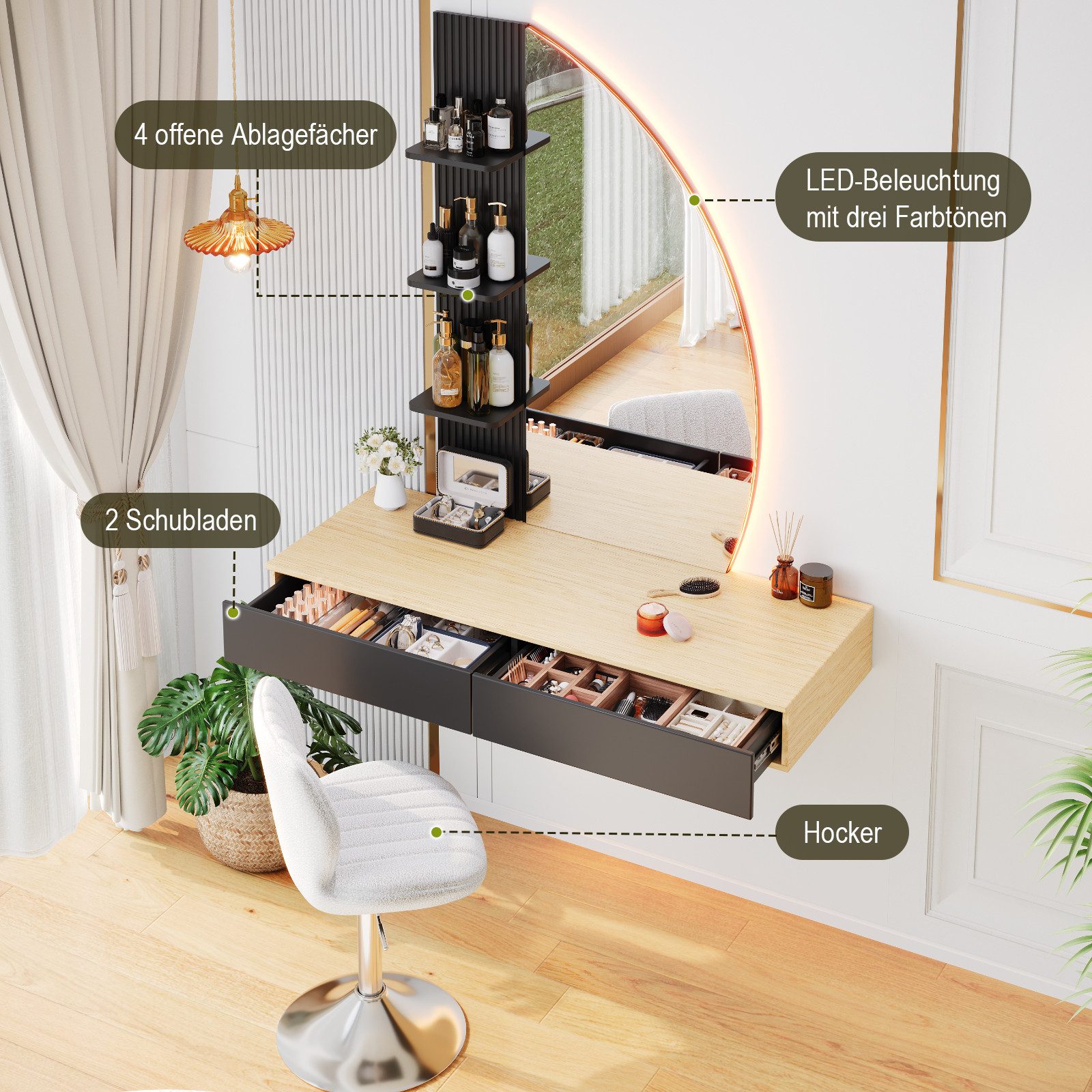 HOMALL Schminktisch Hängender Schminktisch mit LED-Beleuchtung (Maße: 106 × 40 × 143 cm, mit 3 offenen Ablagefächern, 2 Schubladen und drei einstellbaren Farbte – Bild 4 von 5