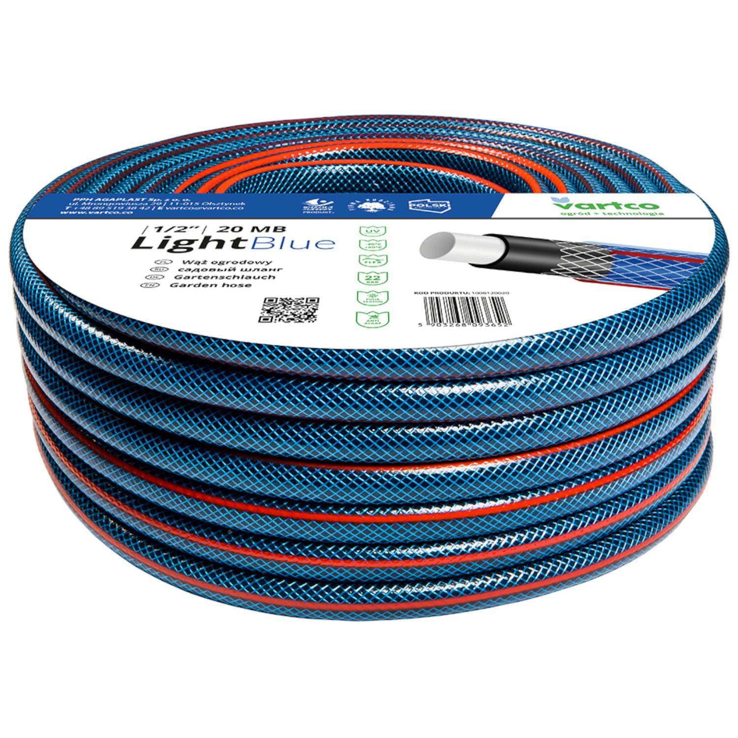 Vartco Gartenschlauch Light Blue, Größe 1/2" 4-lagig, beständig gegen UV-Strahlung Algenablagerung