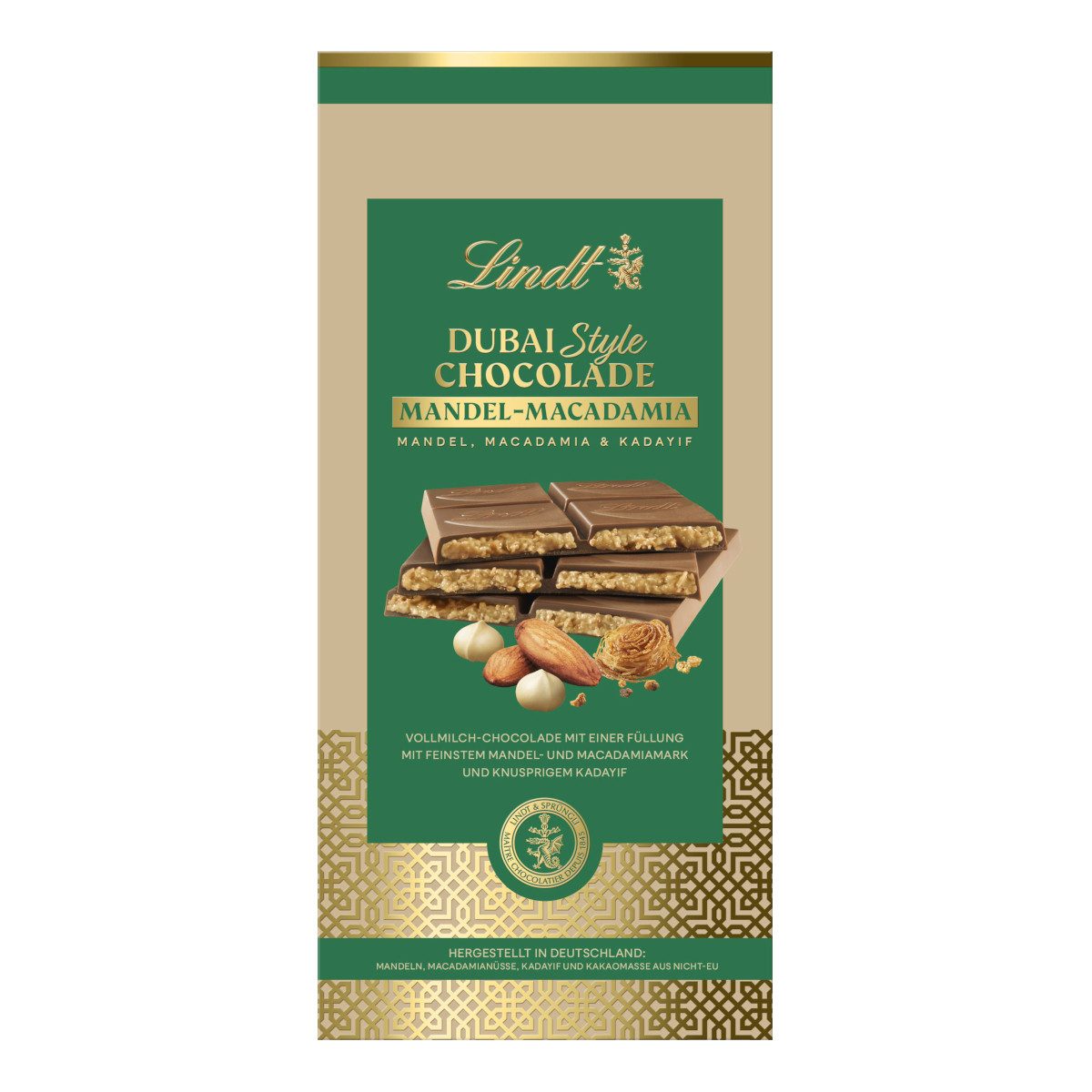 LINDT Schokolade, Lindt Dubai Style Chocolate Tafel Mandel Macadamia Packung 150g