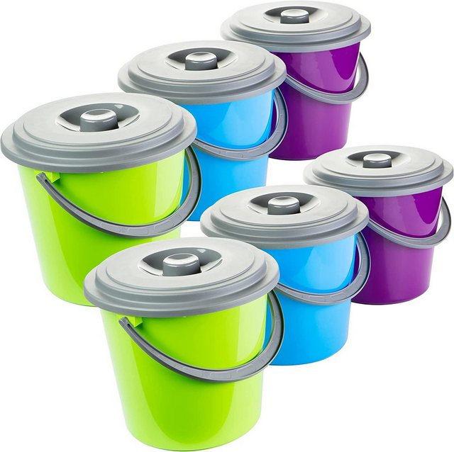 Centi Putzeimer Putzeimer mit Deckel, Kunststoff Lebensmittelecht, (Set, 6-tlg., 5 Liter 3-farbig sortiert in Grün, Blau und Violett)
