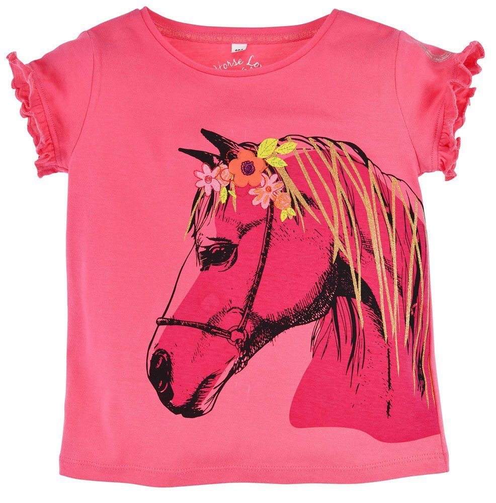 Mädchen Shirt Blumenapplikation Kurzarm Pink 36175, T-Shirt BONDI mit für "Pferdekopf" Printmotiv