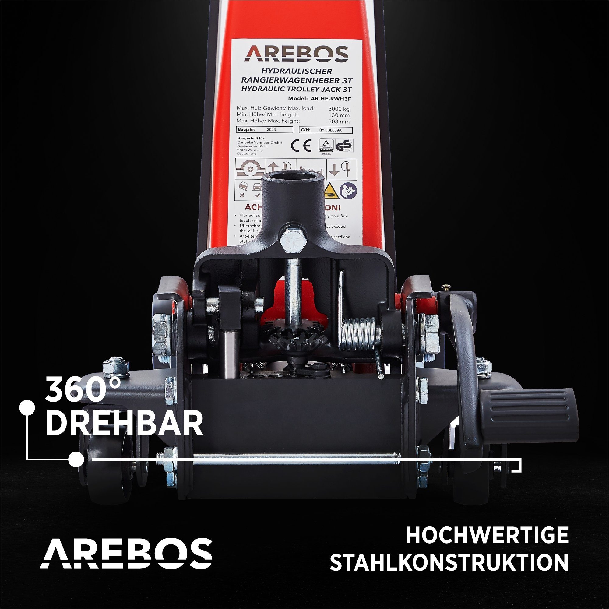 Arebos Rangierwagenheber Rangierwagenheber 3t Hydraulisch mit Fußpedal & Gummi-Pads, 4-tlg., mit Fußpedal, Stabile Stahlkonstruktion – langlebig & robust für Werkstatt & Garage