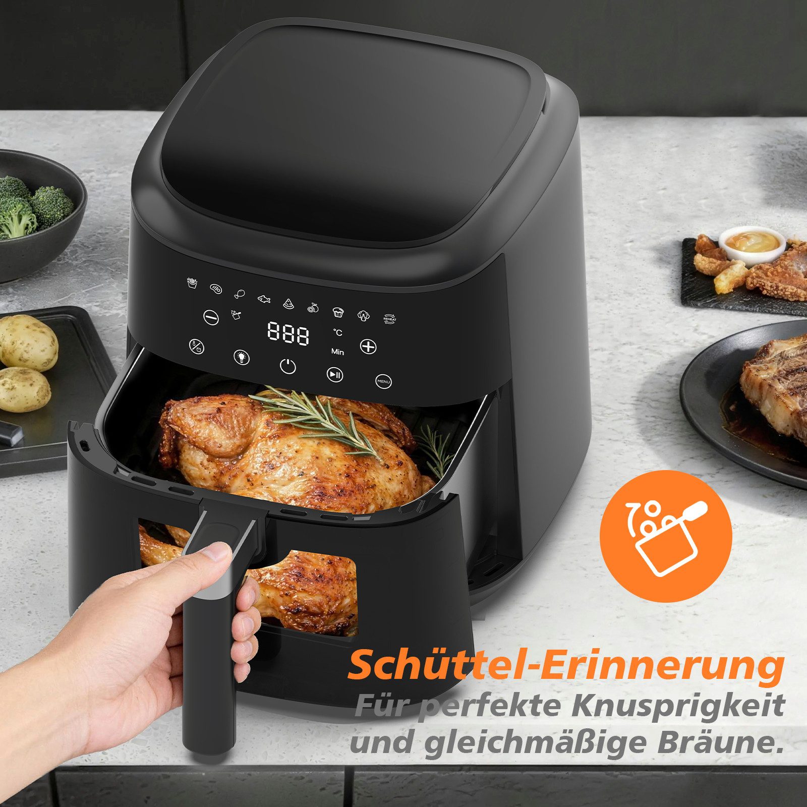 AIMAX Heißluftfritteuse Airfryer 6 Liter, 9 Programme, ohne Öl, Sichtfenster, Touchdisplay, 1650 W, Innenbeleuchtung, fettarm, 360° Heißluft, spülmaschinenfest, Timer