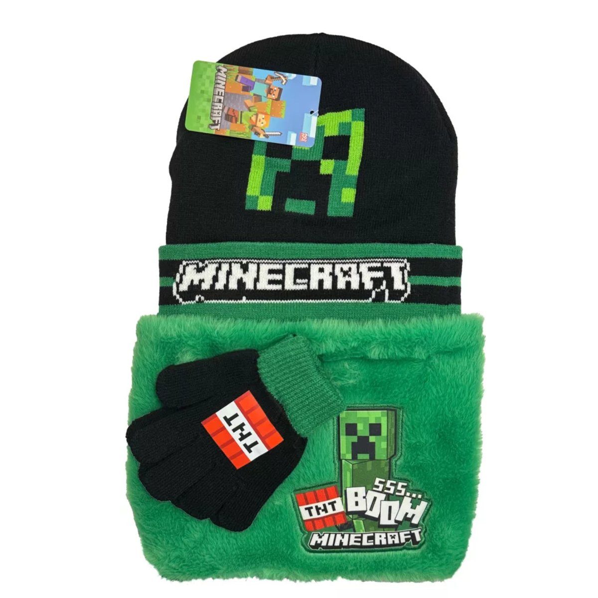 Minecraft Baseball Cap Minecraft Boom Deluxe Kinder Mütze, Schal und Handschuhe Set