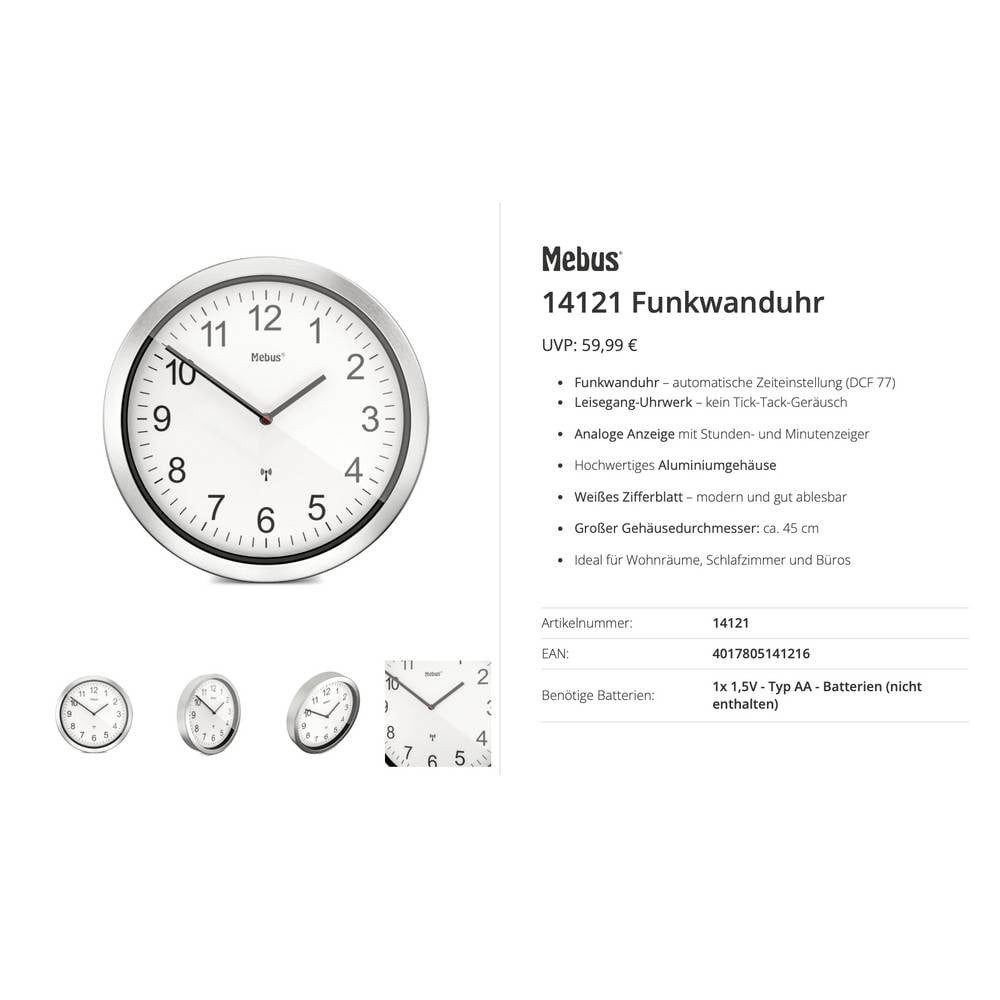 Mebus Wanduhr 14121 Funk Funkuhr 45 cm Aluminium Leisegang-Uhrwerk (Leisegang-Uhrwerk)
