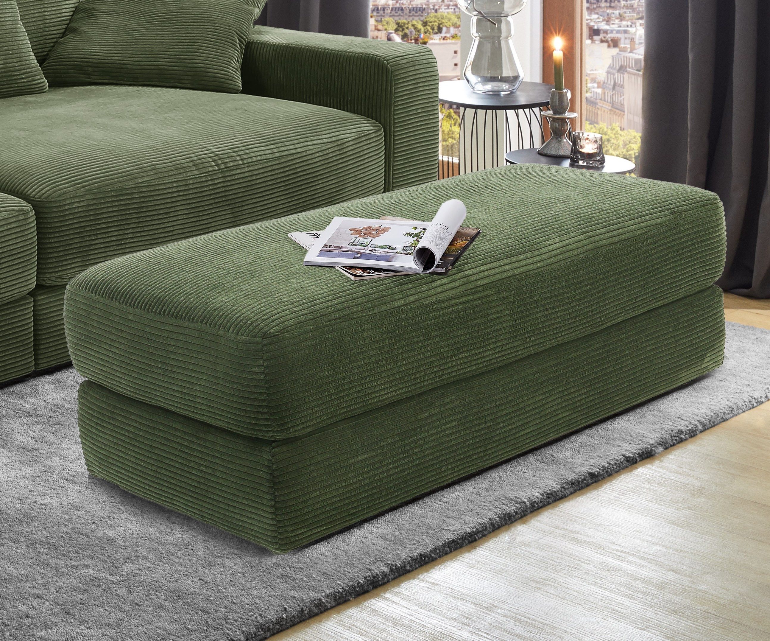 luma-home Polsterhocker 15256 (B124/T60/H40 cm, Bonellfederkern-Polsterung), Sitzbank Designerhocker, robuster Cord-Bezug Grün