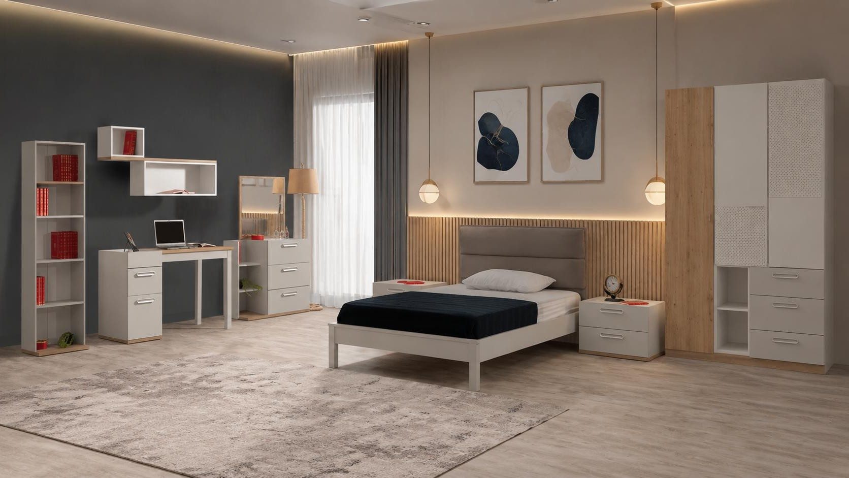 Xlmoebel Kleiderschrank Grauer Kleiderschrank für Jugendzimmer mit viel Stauraum (Jugendzimmer-Set, 7-St., 7-tlg)