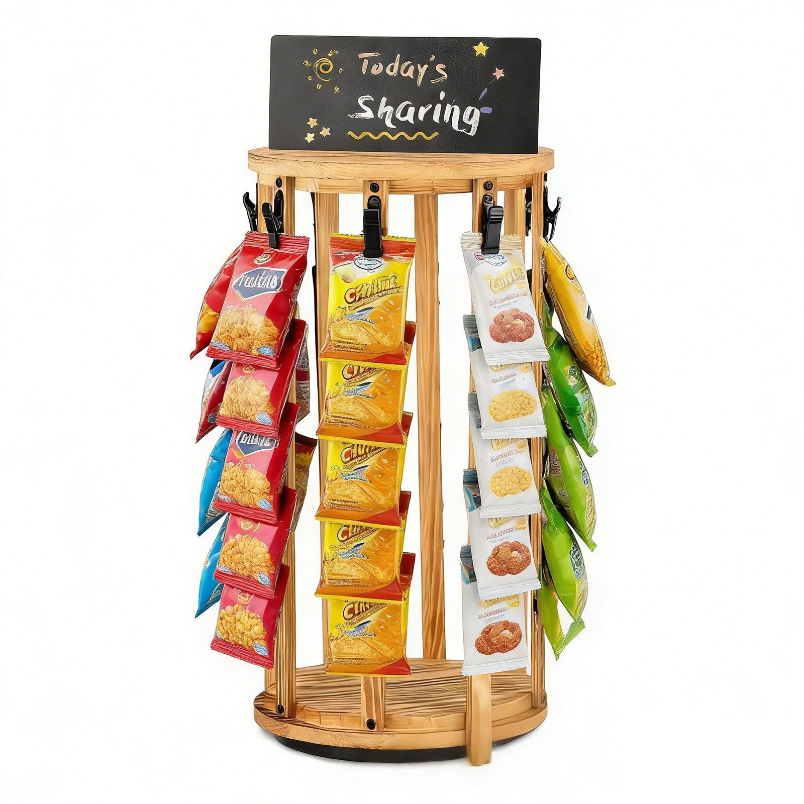 BlingBin Servierständer 360° Holz Drehbar Snackregal 5 Etagen mit 40 Clips & Tafel, Holz, (1 Stück, 1-tlg., 20.5*46cm), Holzsockel für Läden, Zuhause, Büro, Die Theke und Verkaufsstände