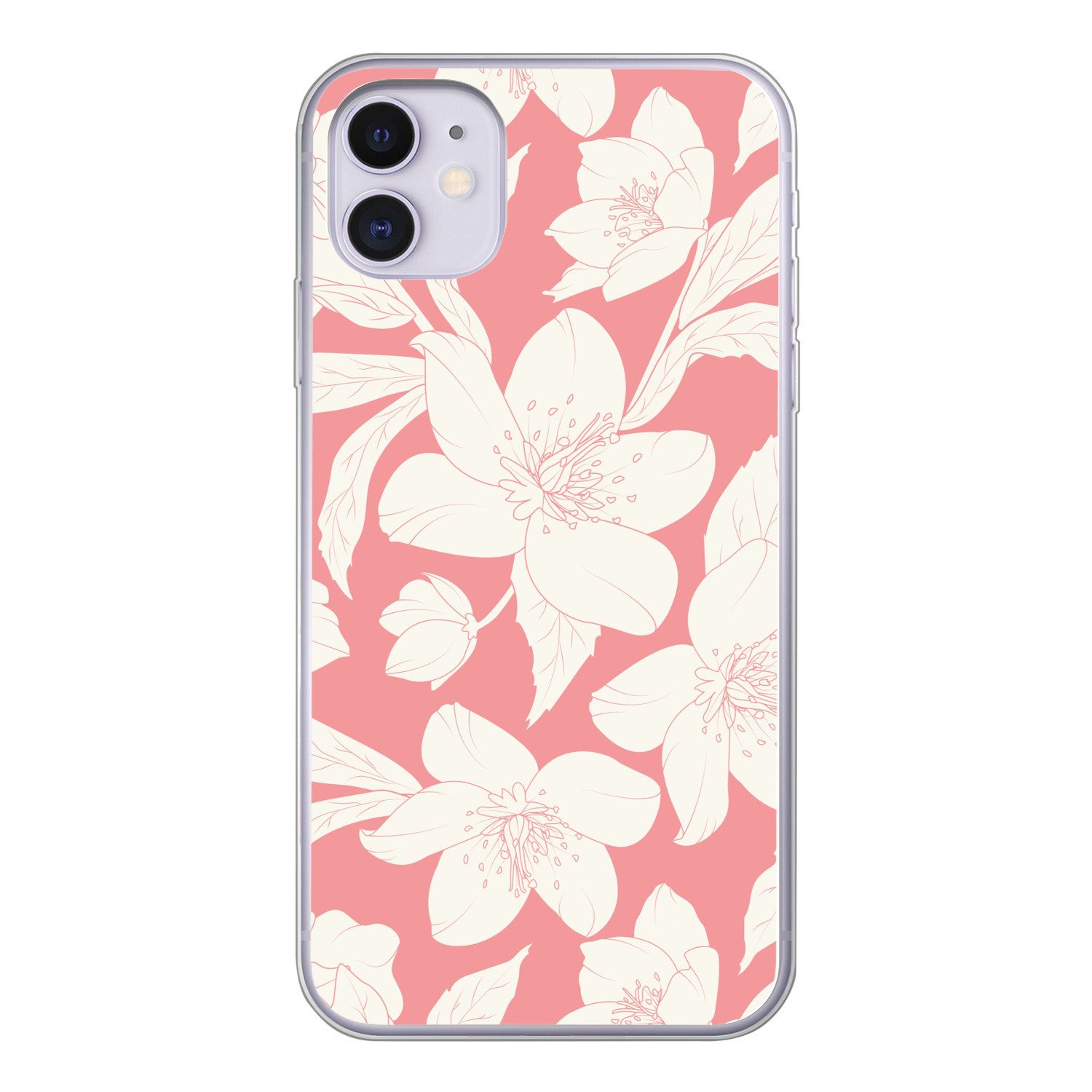 MuchoWow Handyhülle für Apple iPhone 11 Blumen - Muster - Rosa - Weiß, Smartphone-Bumper, Print, Handy Schutzhülle Dünn