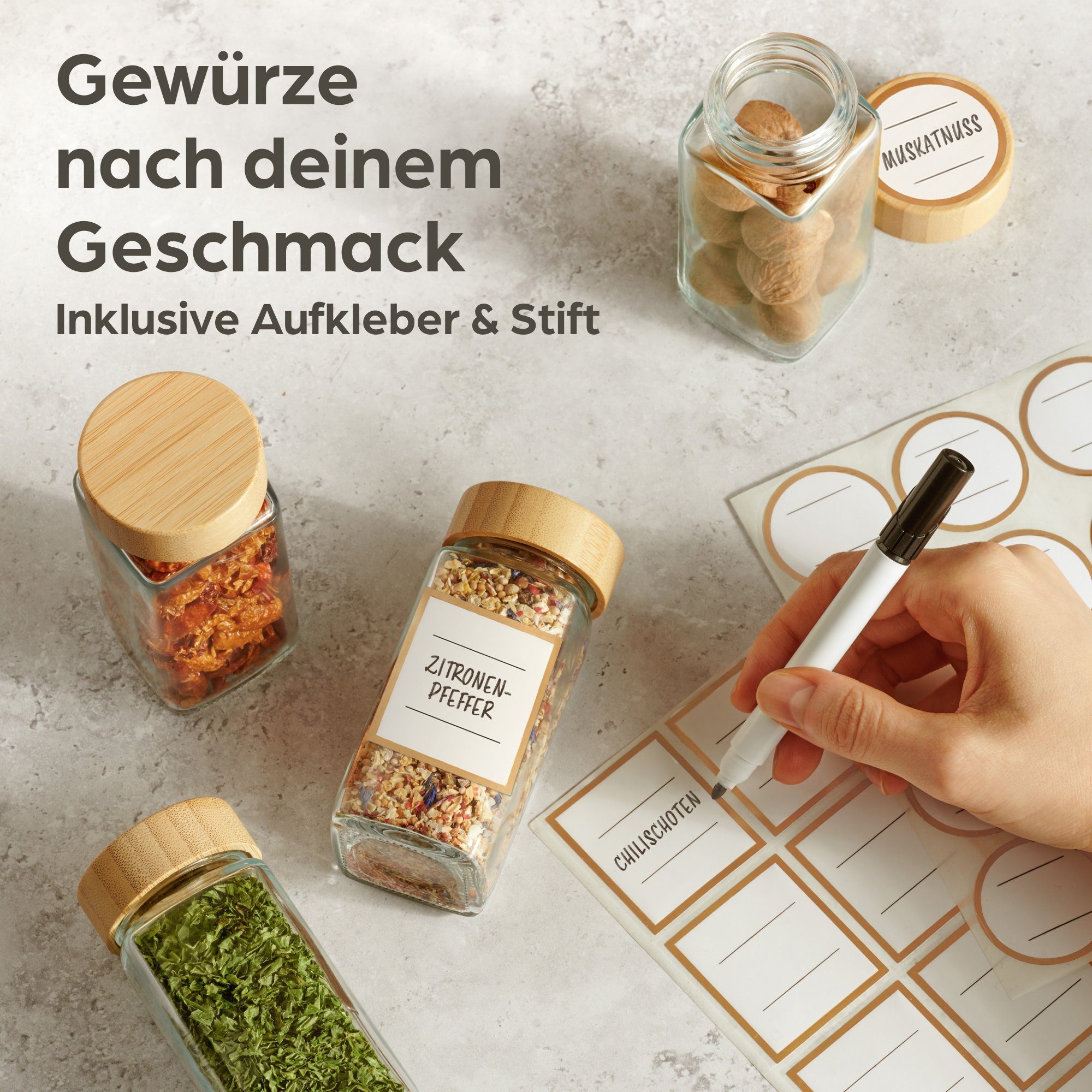 Praknu Gewürzstreuer Gewürzgläser Eckig mit Bambusdeckel - 12er Set - Gewürz Organizer, (12-tlg), 120 ml Gewürz Organizer - Gewürzdosen - Gewürzgläser - Gewürzbehälter