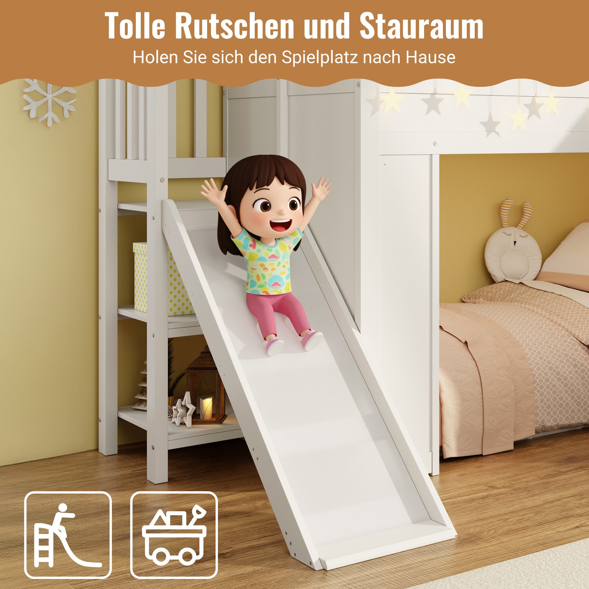 Merax Hochbett 90×200cm mit LED-Lichtleiste (1-St., Etagenbett Stockbett Jugendbett Einzelbett Hausbett) Massivholz Kinderbett mit Rutsche, Stauraumtreppe & Rau – Bild 4 von 5