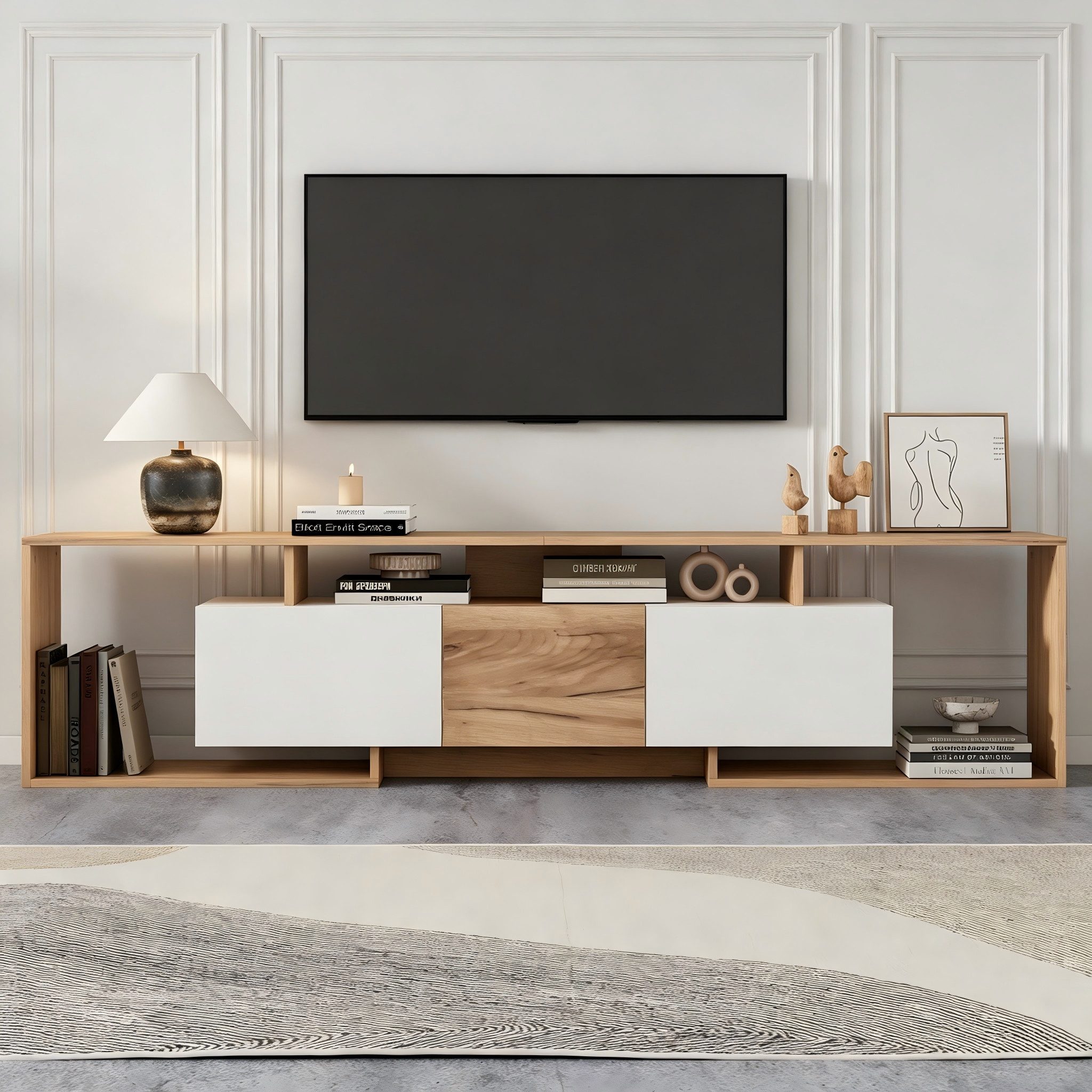 Merax Lowboard in Weiß & Naturholz, Push-to-Open, Fernsehschrank für TVs bis 85 Zoll (180 x 30 x 49 cm (L x B x H), 1 St), Fernsehschrank TV-Schrank mit 2 Klapptüren,1 Drehtür,3 offenen Fächern