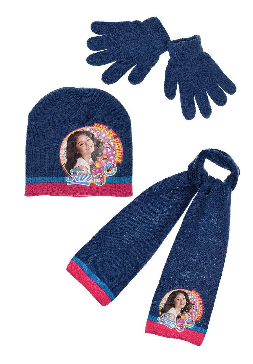 Disney Soy Luna Beanie Kinder Mädchen Winter-Set Mütze, Schal und Handschuhe (SET) Blau
