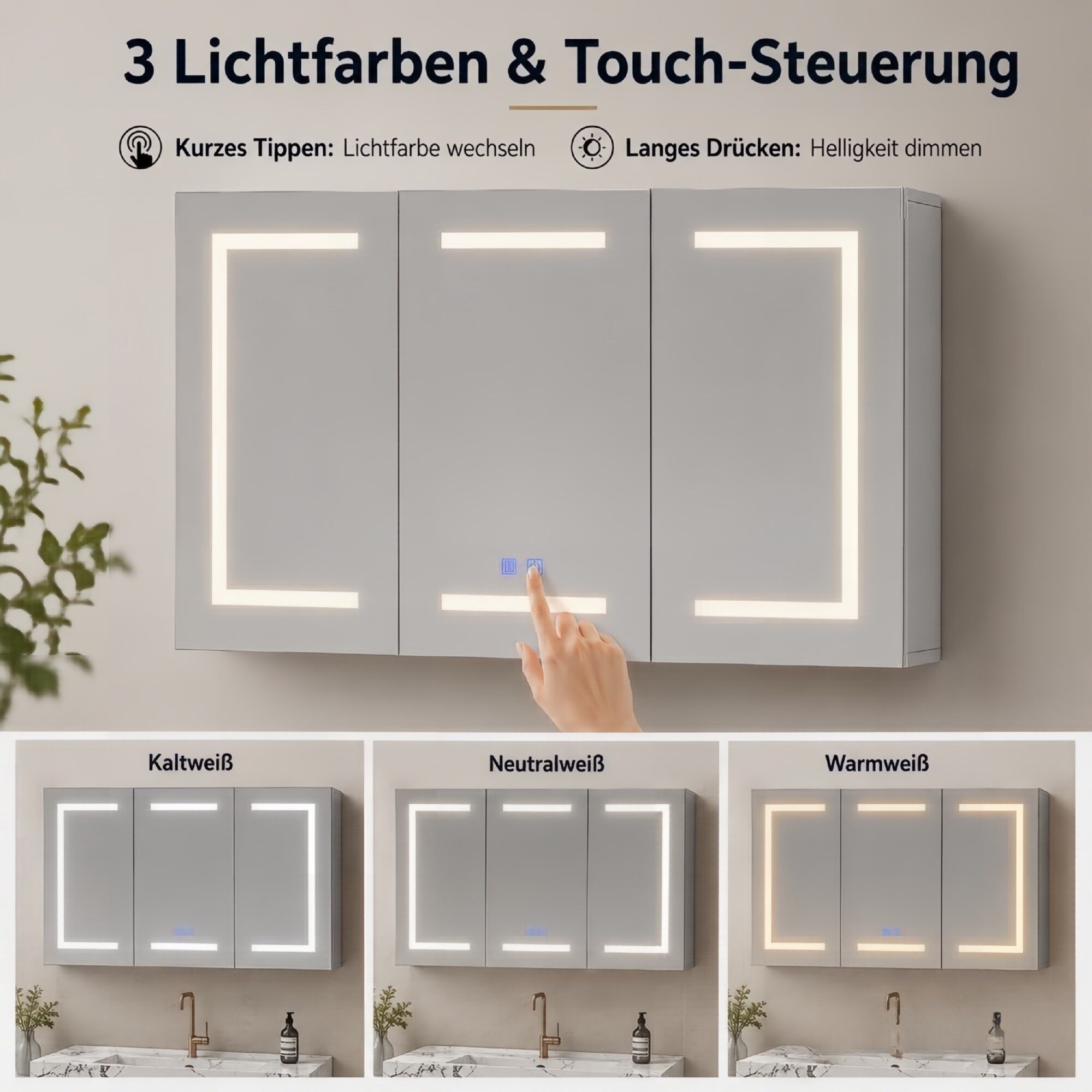 Simurq Spiegelschrank Badezimmerspiegelschrank 3 türig Hängeschrank mit LED Beleuchtung (3 Farbtemperaturen Dimmbar) Badspiegelschrank 100 x 13,5 x 60 cm mit St – Bild 4 von 5