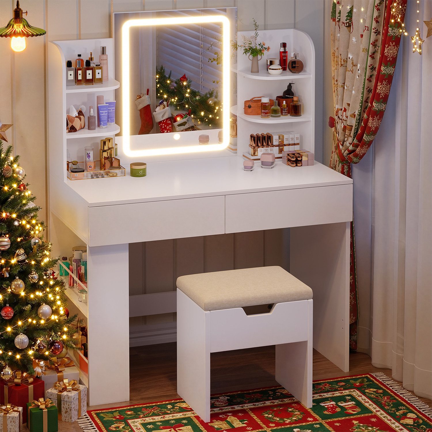 Schminktisch 90/110 cm, LED-Beleuchtung mit einstellbarer Helligkeit, Stauraum