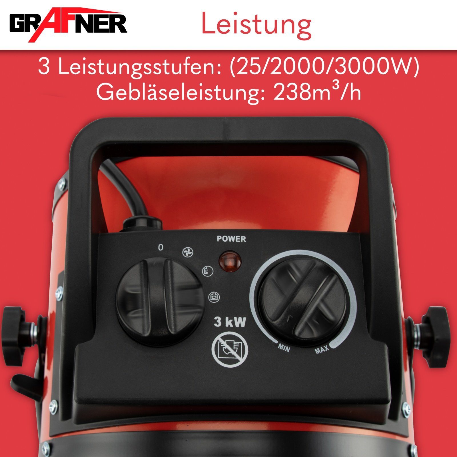 und mit Heizlüfter Heizlüfter kW Thermostat Grafner Elektroheizung, Keramik 3000 W 3000 W, 3 Baustellen Tragegriff Heizgebläse