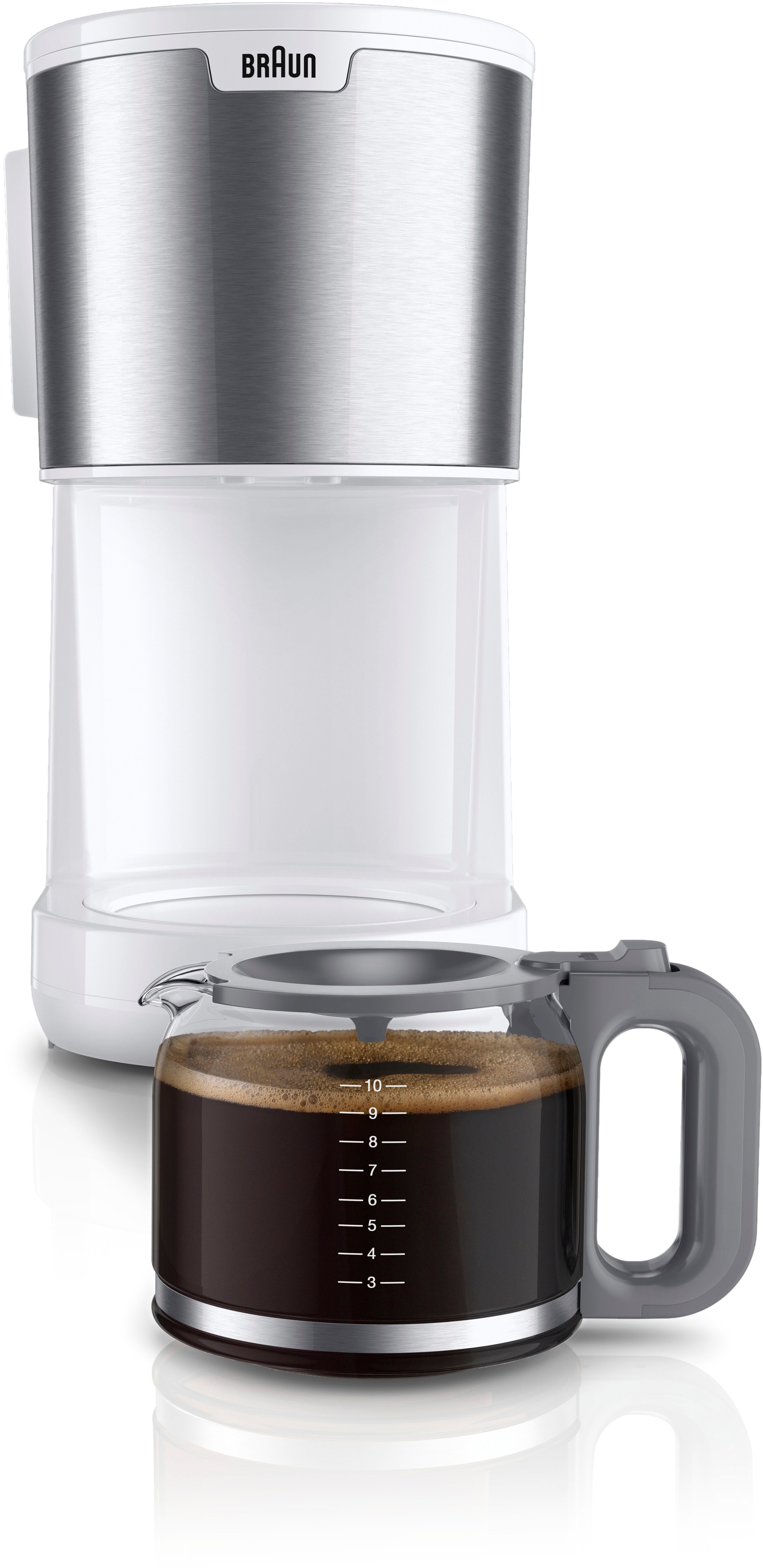 Braun Filterkaffeemaschine PurShine KF1500 GY, 1,7l Kaffeekanne, Papierfilter, 1000W, automatische Abschaltung, herausnehmbarer Filterkorb, Edelstahl