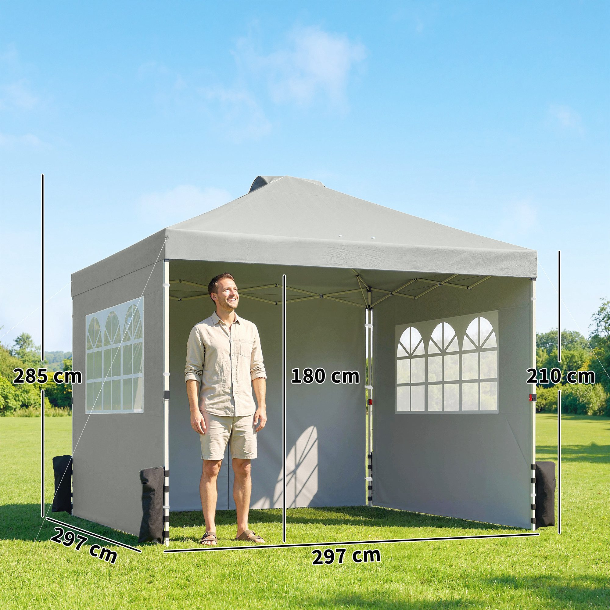 Outsunny Faltpavillon mit 3 Seitenwänden, Fenster, Lüftung, mit 3 Seitenteilen, (Pavillon, Pop-up-Pavillon), für Garten Festival Hellgrau