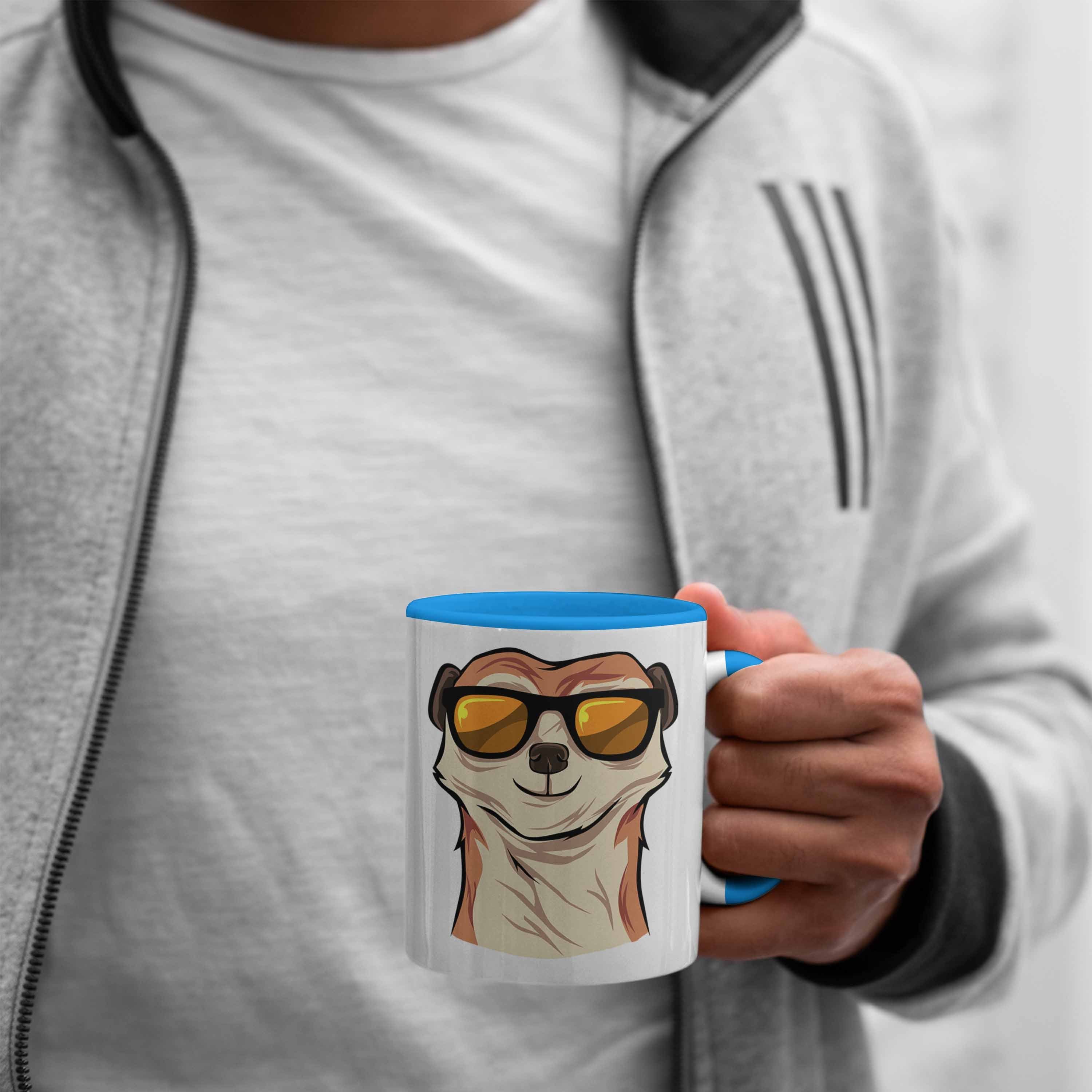 Geschenk Lustige für Tierliebhaber Trendation Tasse Tasse Erdmännchen Sonnenbrille Blau